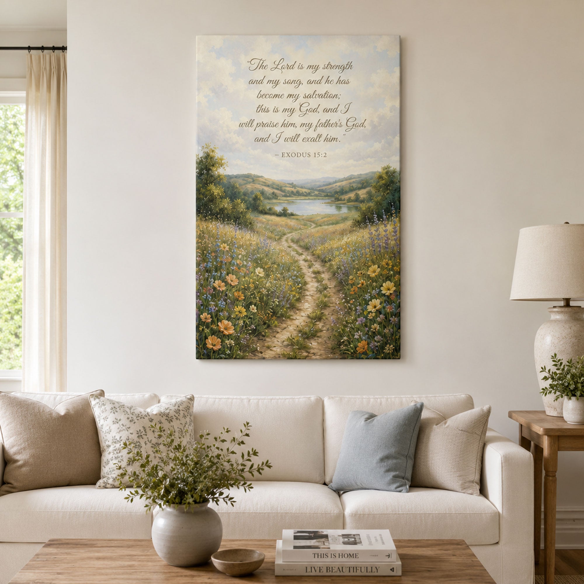Exodus 15:2 The Lord Is My Strength Canvas Print, Christian Country Path Meadow Wall Art, Extra Wide Bible Verse Decor