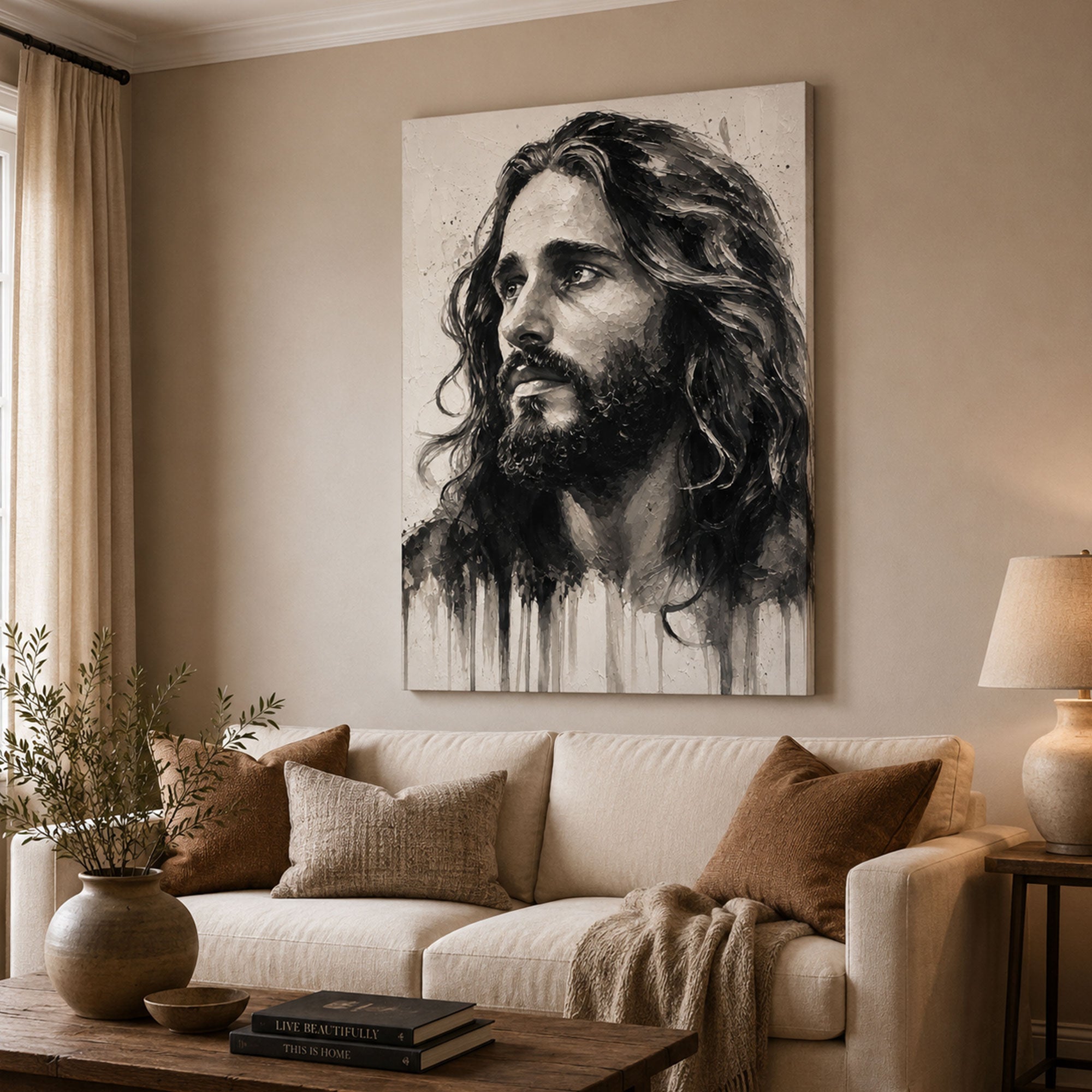 Jesus Portrait Canvas Print, Black and White Christian Wall Art, Faith Home Decor