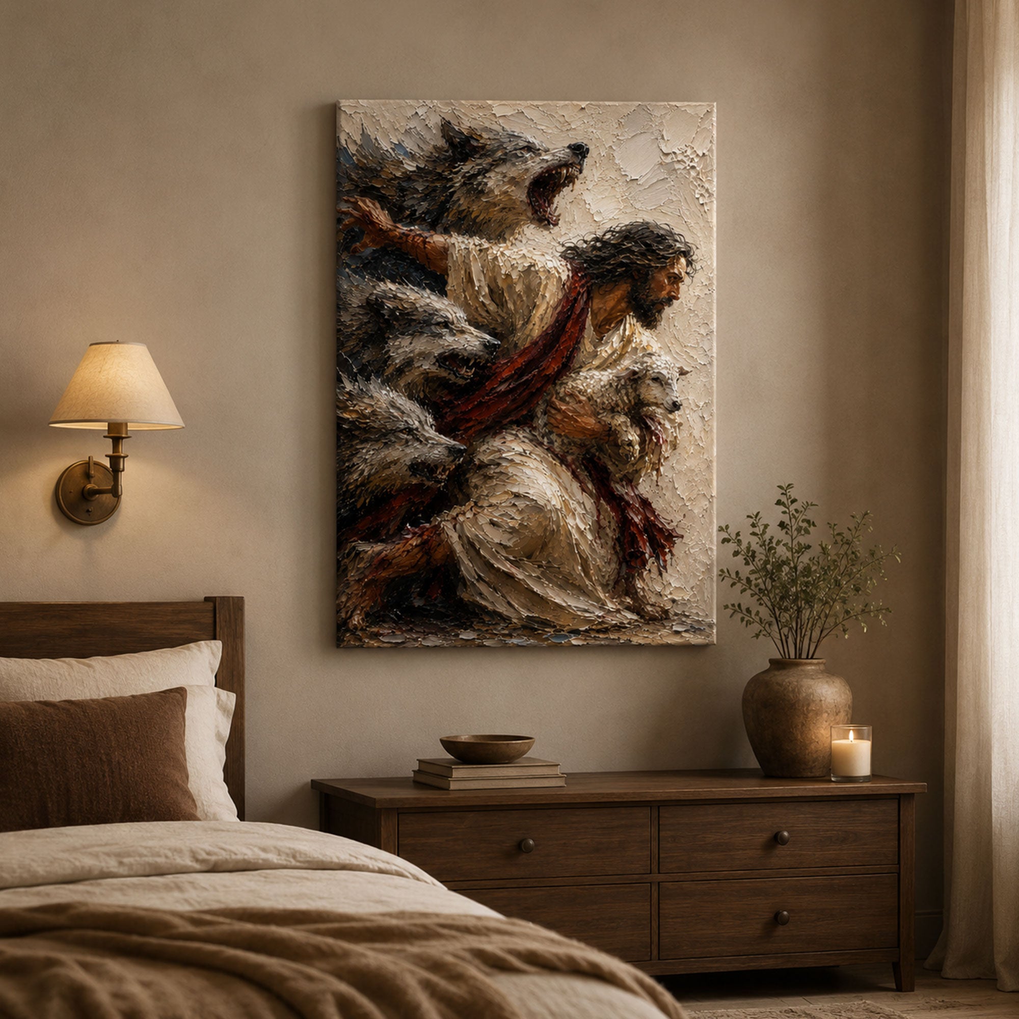Jesus Protecting the Lamb Canvas Print, Good Shepherd Christian Wall Art, Faith Home Decor