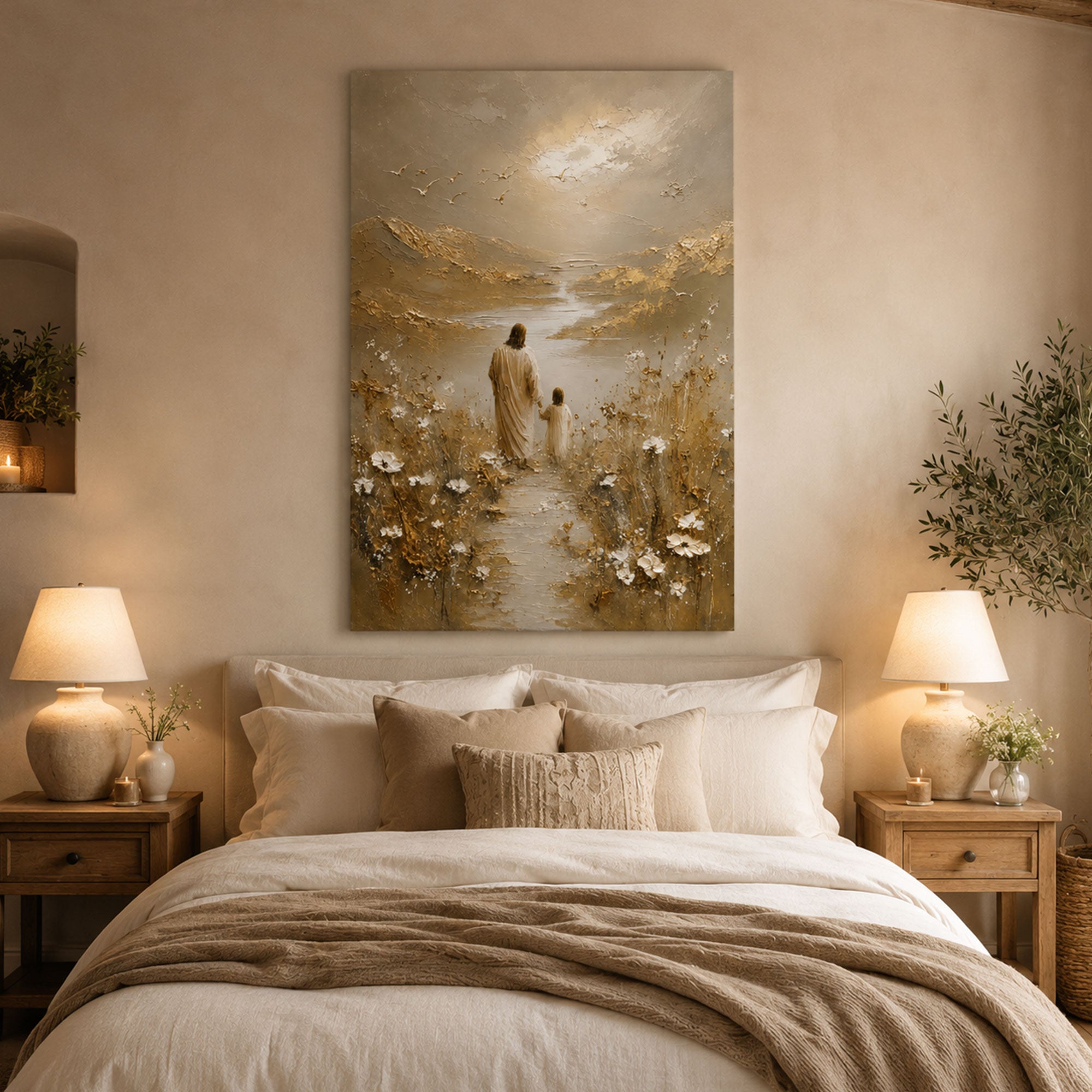 Jesus Walking with Child Canvas Print, Christian Wall Art, Peaceful Faith Home Decor