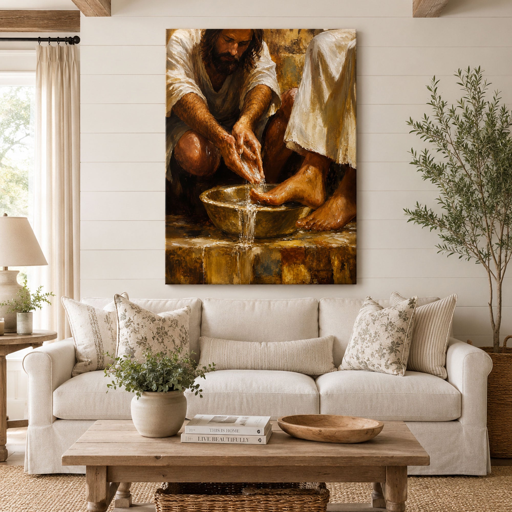 Jesus Washing Feet Canvas Print, Christian Bible Wall Art, Humility and Faith Home Decor