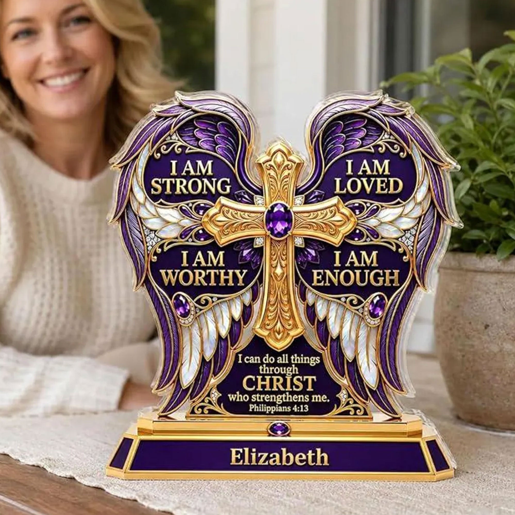 Personalized Philippians 4:13 Acrylic Desk Plaque, I Am Strong I Am Loved Christian Affirmation Gift