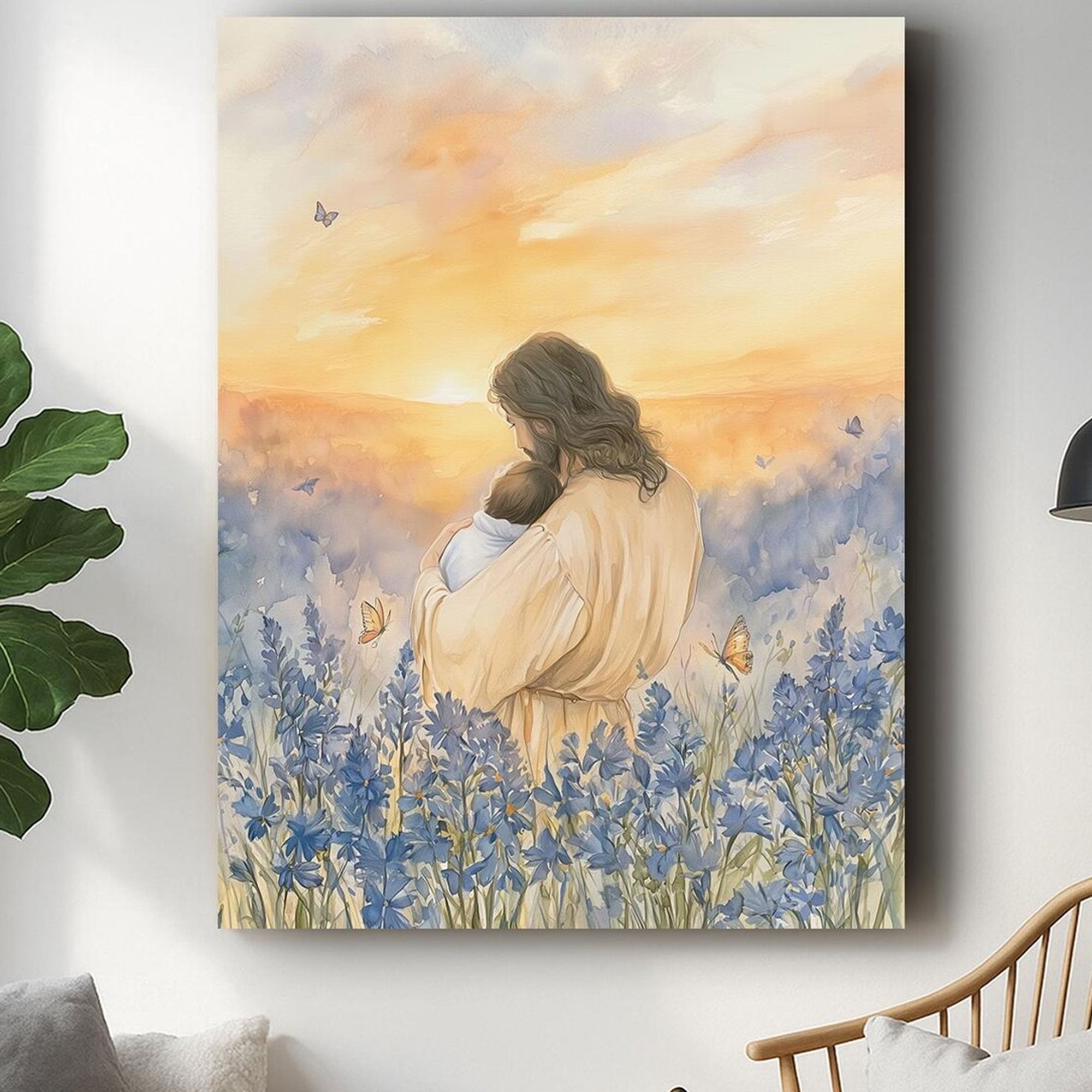 Jesus Holding Baby Among Blue Flowers Canvas, Christian Comfort Wall Art, Peaceful Faith Painting, Gentle Memorial Gift