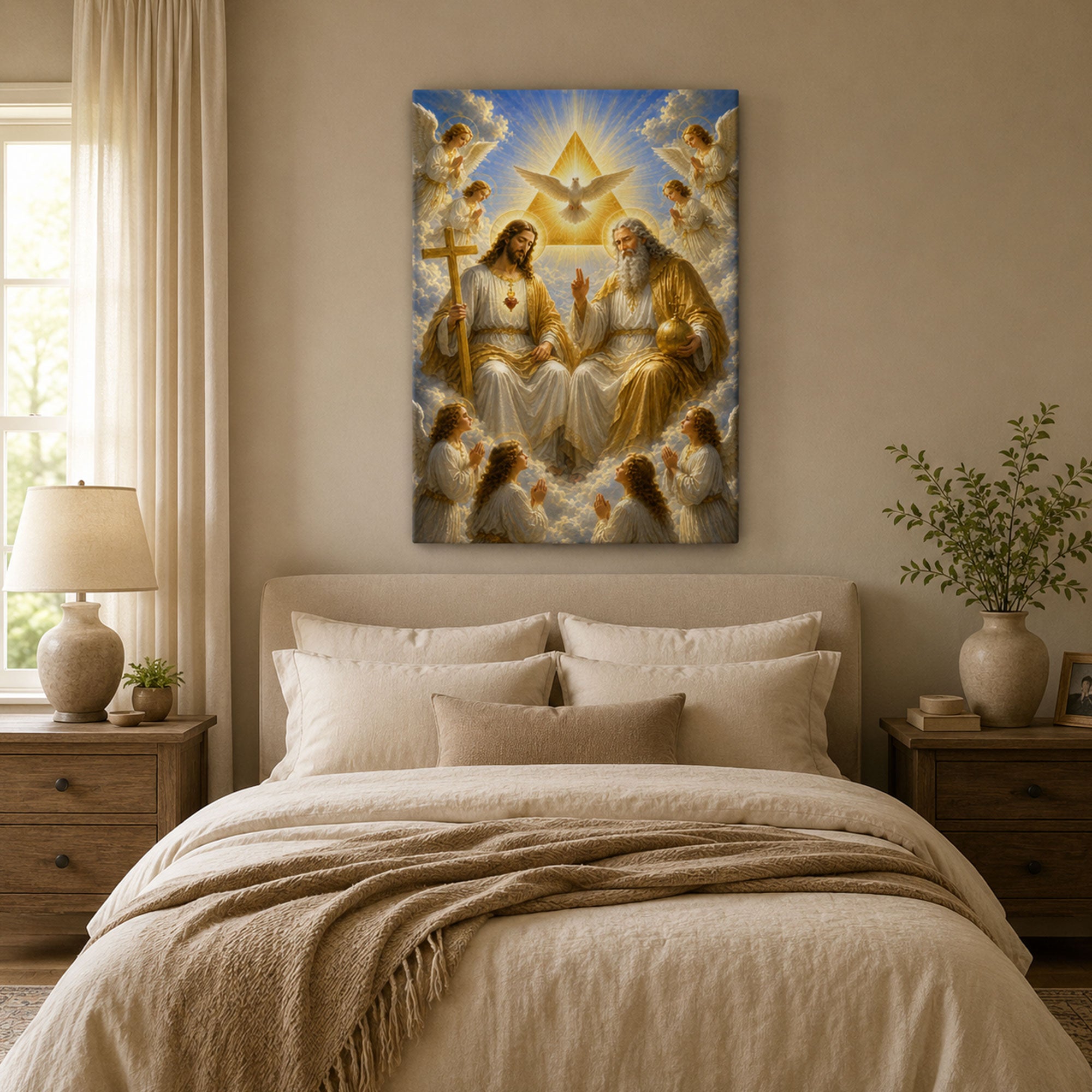 Holy Trinity with Angels Canvas Print, Catholic Christian Wall Art, Heavenly Faith Home Decor Gift