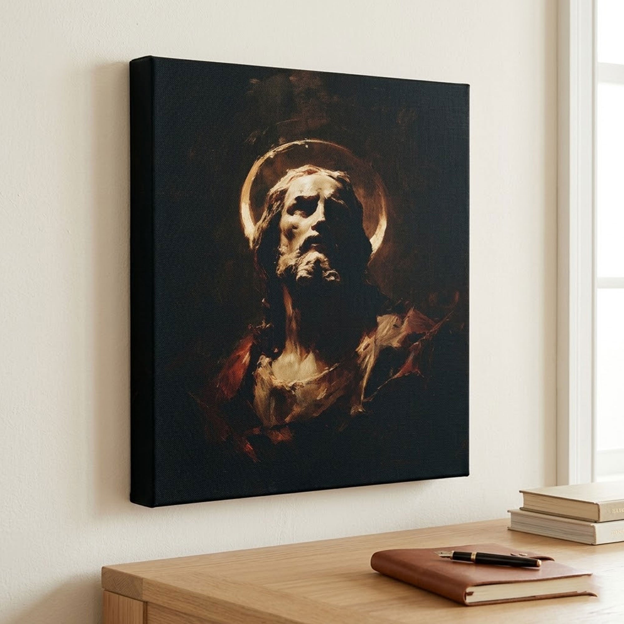 Dark Jesus Portrait Canvas Print, Sacred Christian Wall Art, Dramatic Faith Decor, Spiritual Light Artwork