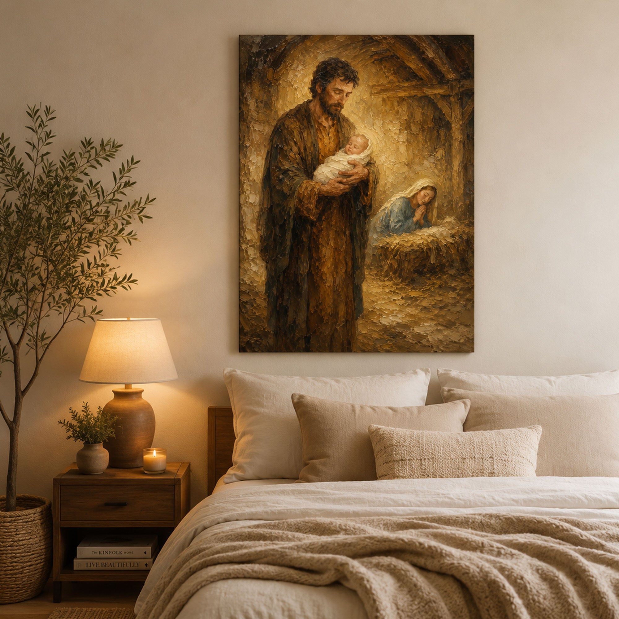 Holy Family Nativity Canvas Print, St. Joseph Holding Baby Jesus, Christmas Catholic Wall Art, Christian Home Decor