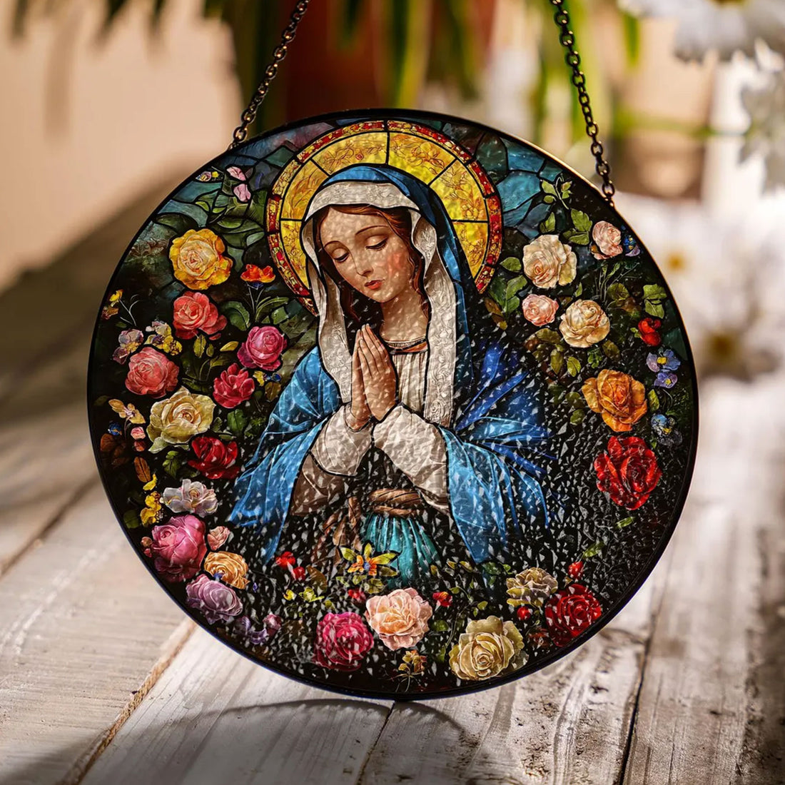 Virgin Mary Stained Glass Suncatcher, Holy Mother Catholic Window Hanging, Religious Christian Home Decor Gift