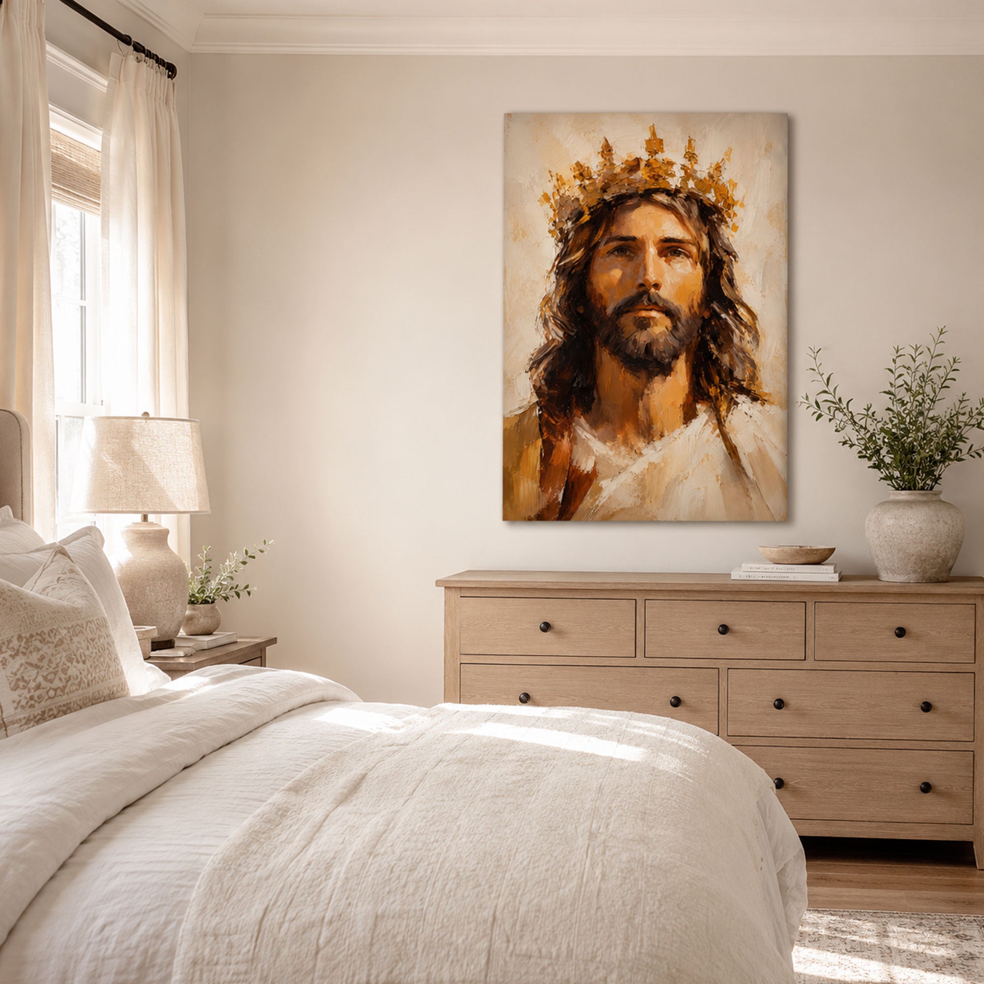 Crowned Jesus Portrait Canvas Print, Christ the King Catholic Wall Art, Golden Faith Home Decor Gift