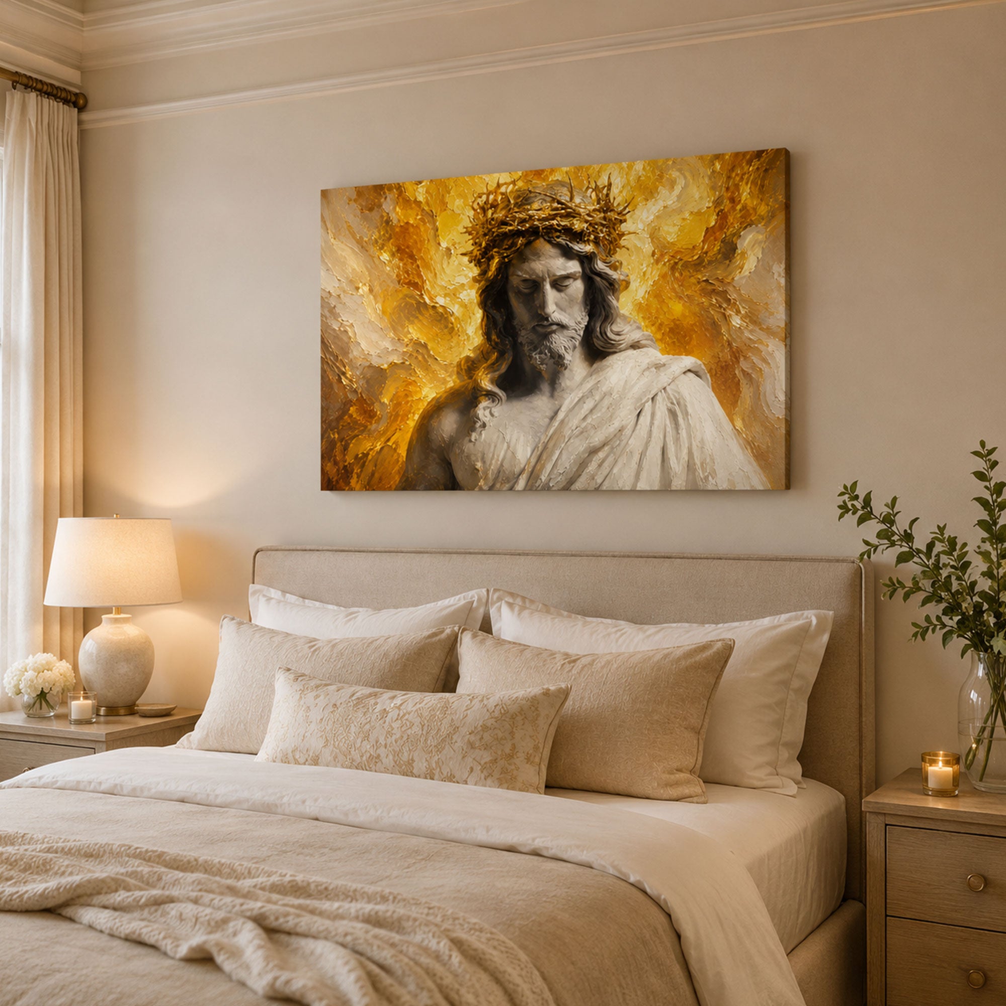 Jesus Crown of Thorns Panoramic Canvas Print, White Gold Catholic Wall Art, Passion of Christ Home Decor Gift