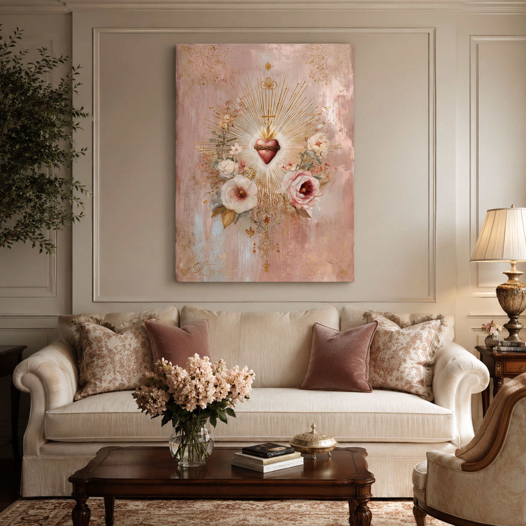 Sacred Heart Floral Canvas Print, Catholic Christian Wall Art, Pink Gold Religious Home Decor, Faith Gift