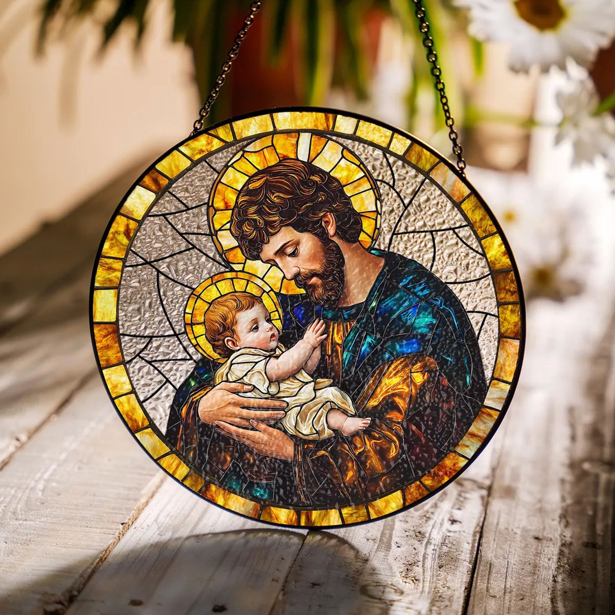 Saint Joseph and Baby Jesus Suncatcher, Catholic Window Decor