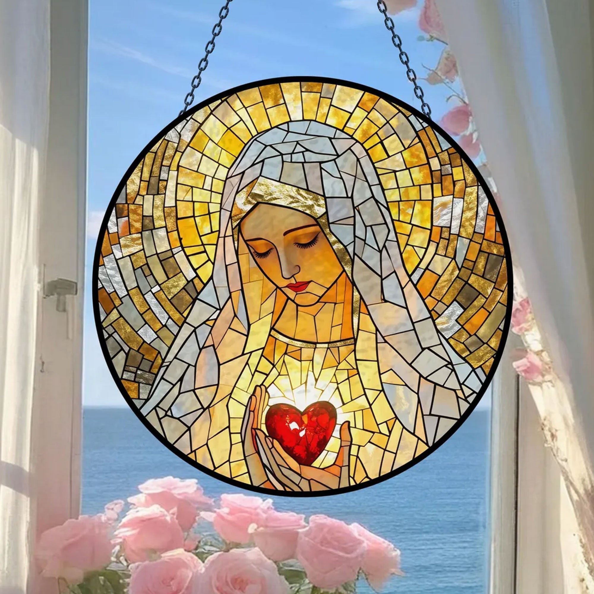 Virgin Mary Stained Glass Suncatcher, Catholic Window Hanging, Divine Mother Gift for Mom