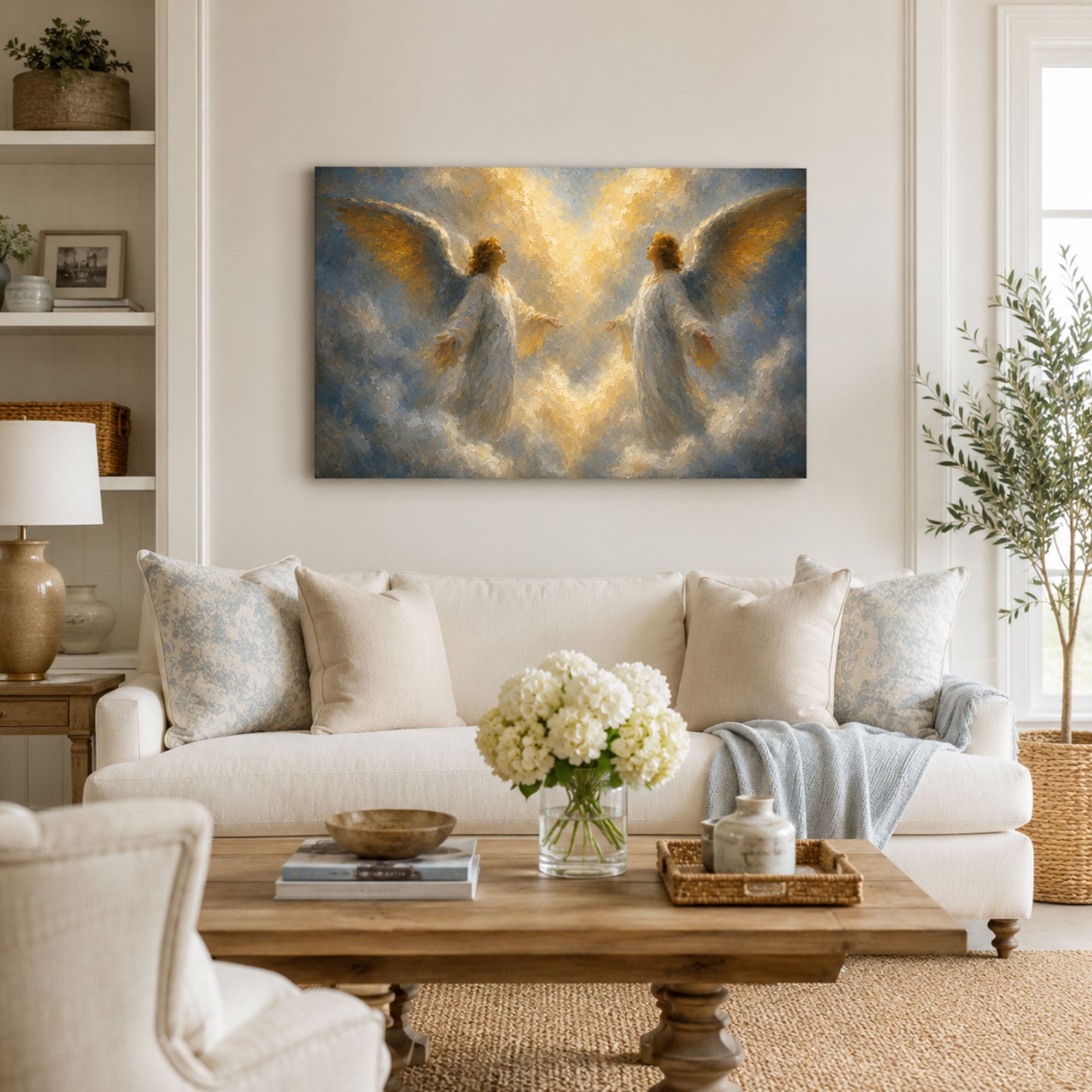 Two Angels in Heavenly Light Canvas Print, Christian Home Decor