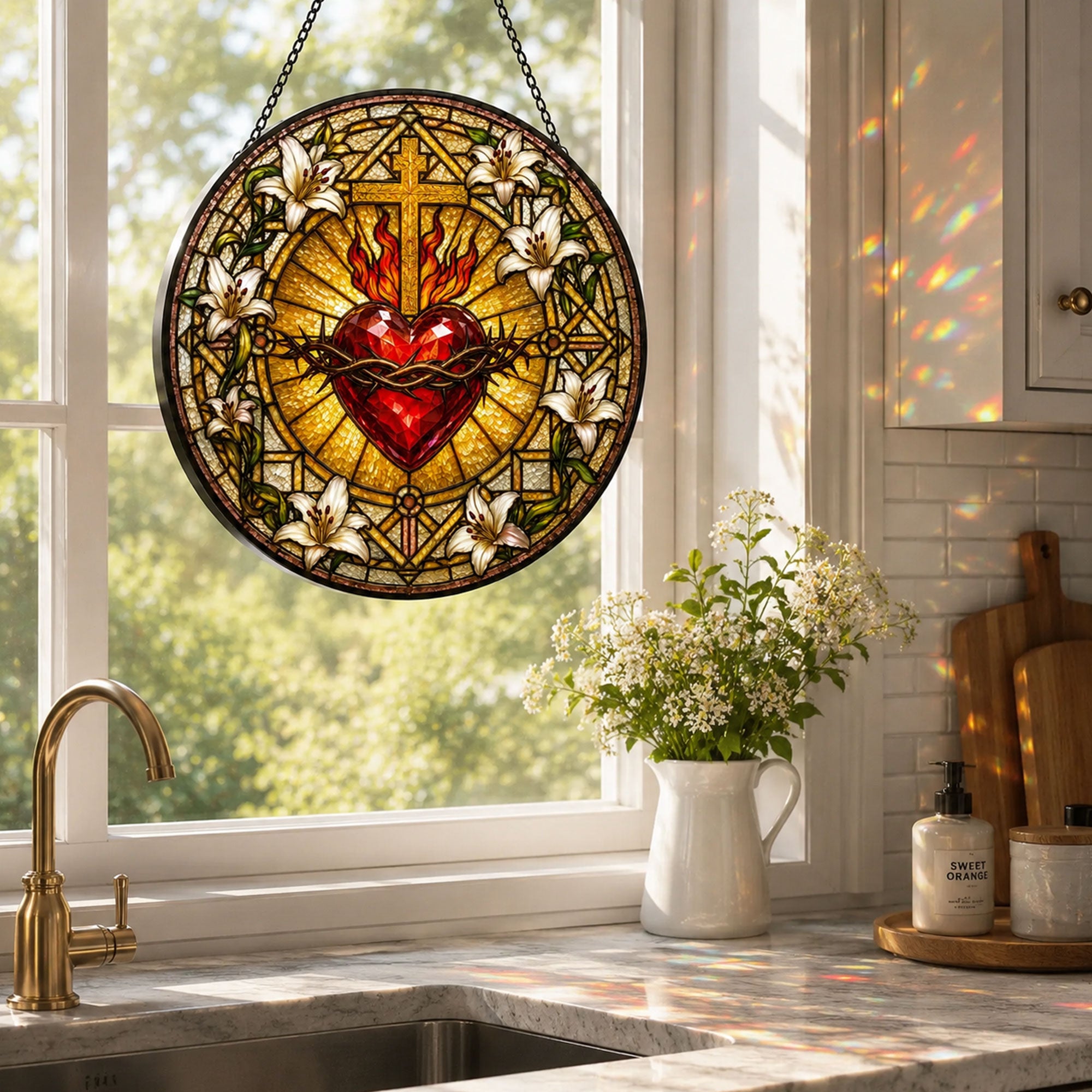 Sacred Heart of Jesus Suncatcher, Crown of Thorns and Lilies Catholic Window Decor, Faith Gift