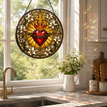 Sacred Heart of Jesus Suncatcher, Crown of Thorns and Lilies Catholic Window Decor, Faith Gift