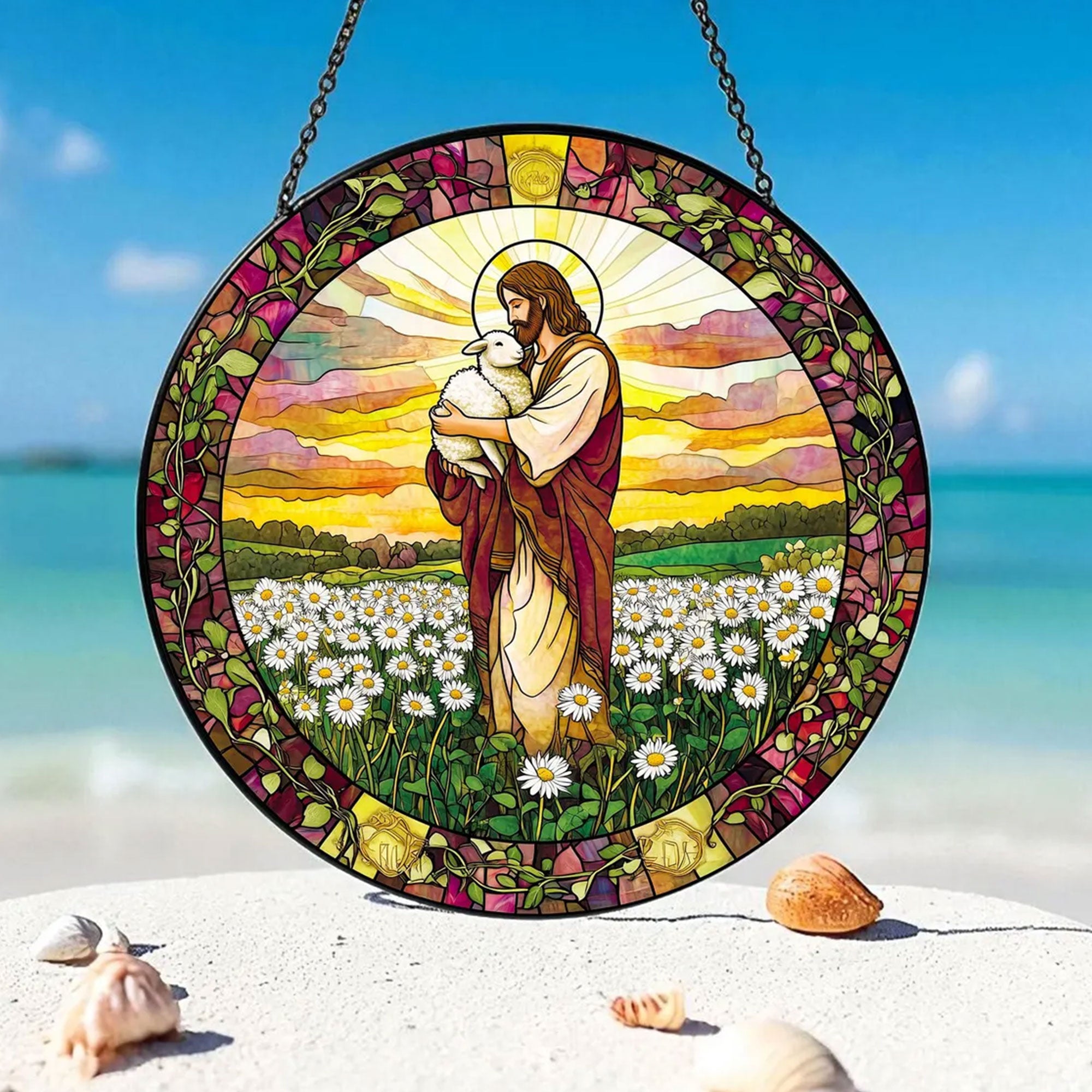 Stained Glass Jesus Holding Lamb Suncatcher, Golden Field Window Hanging, Christian Decor Gift