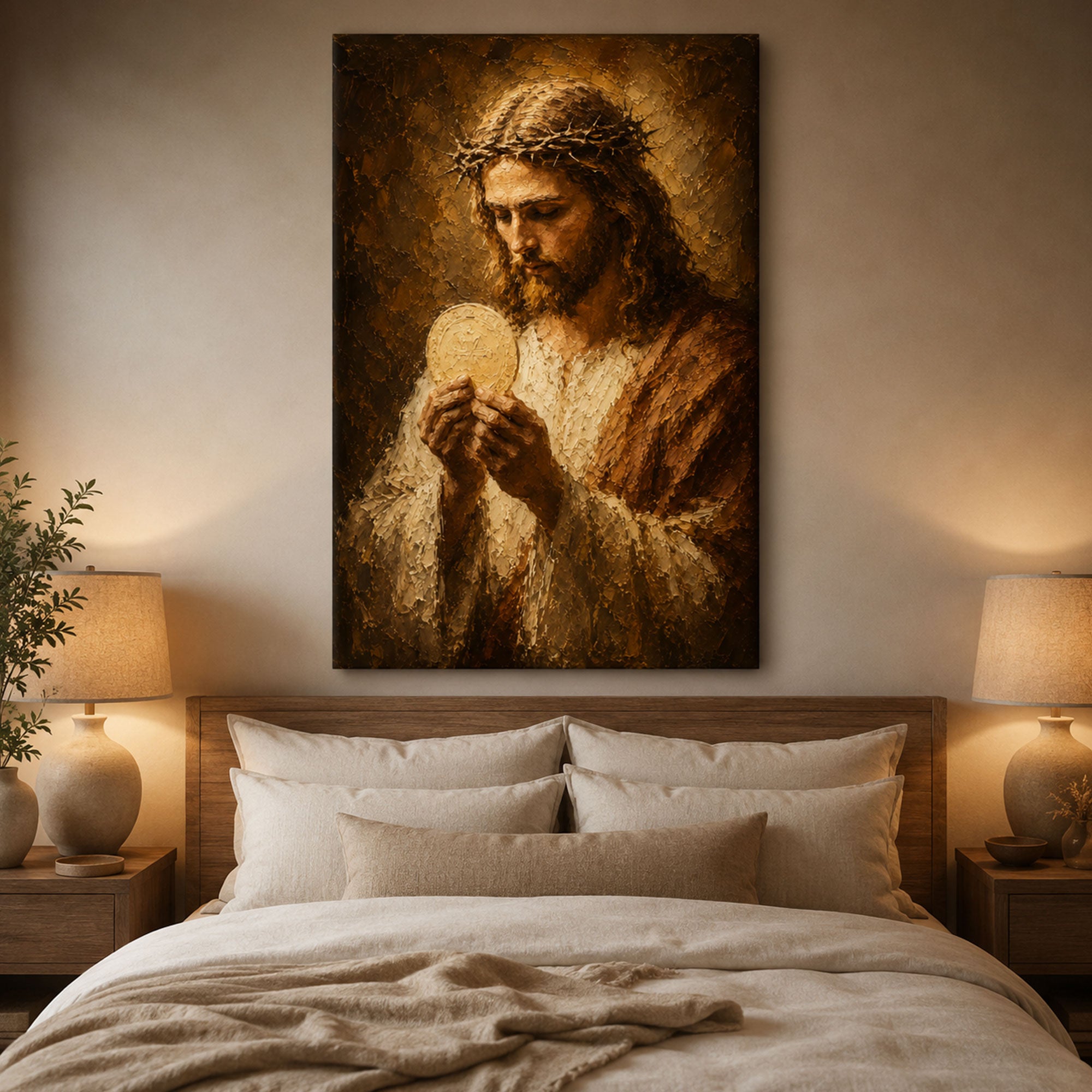Jesus Holding the Holy Eucharist Canvas Print, Catholic Eucharistic Wall Art, Christ with Sacred Host, Religious Christian Home Decor