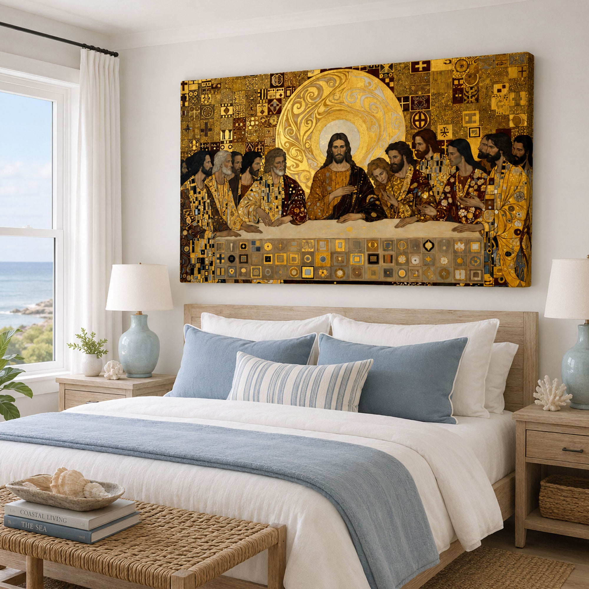 Gustav Klimt Last Supper Canvas Print, Gold Mosaic Christian Wall Art, Iconic Religious Home Decor
