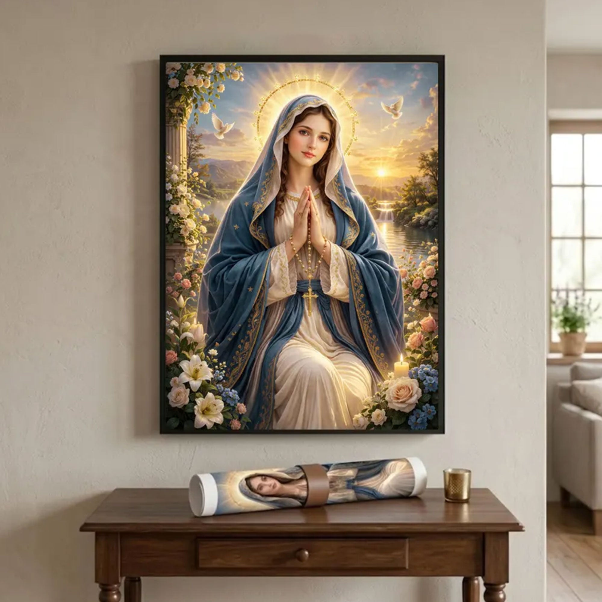 Virgin Mary Prayer Wall Art, Blessed Mother Canvas Print, Catholic Religious Decor, Christian Faith Artwork, Spiritual Home Gift
