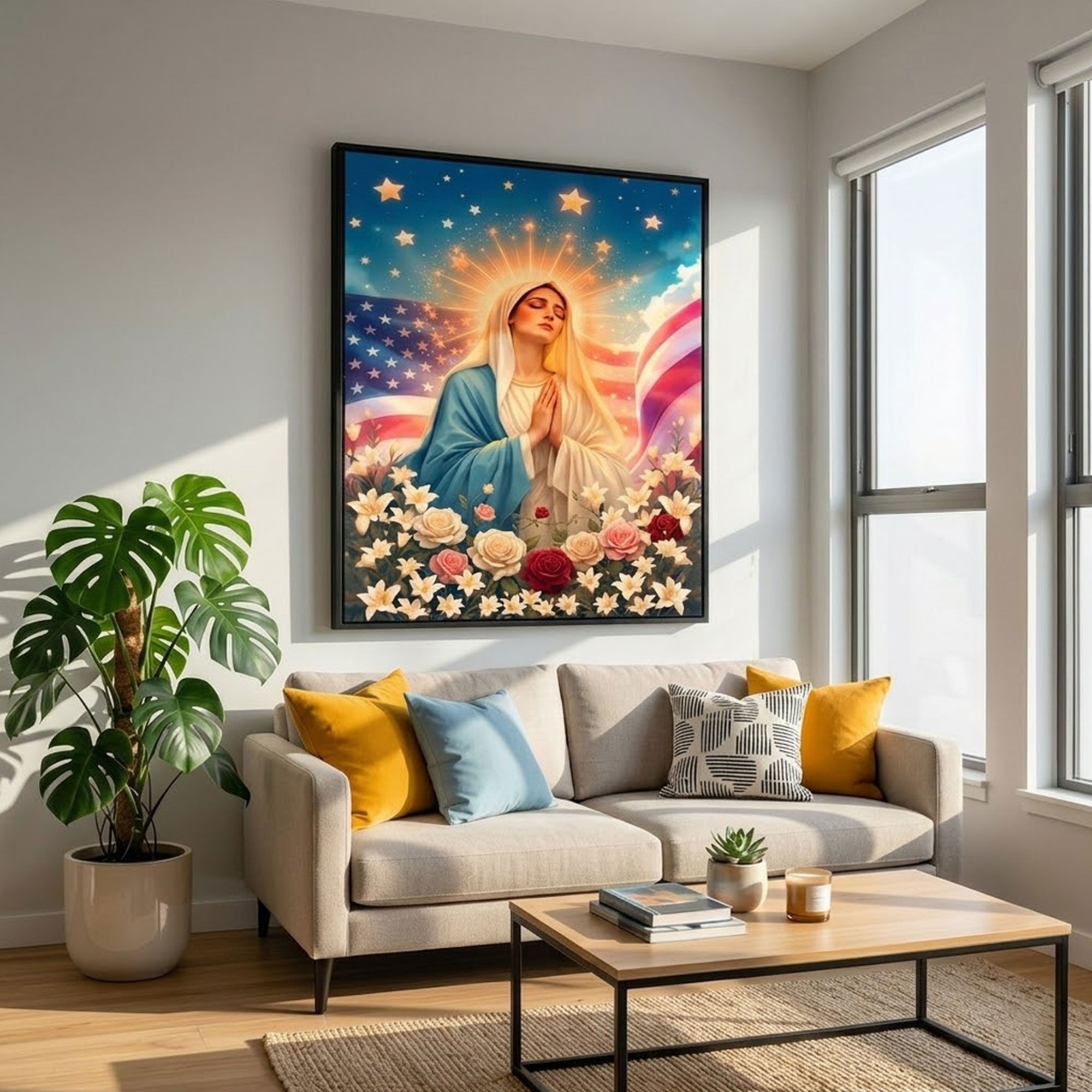 Virgin Mary Prayer Canvas Print, Blessed Mother Wall Art, Faith and Protection Artwork, Patriotic Christian Decor, Inspirational Spiritual Gift
