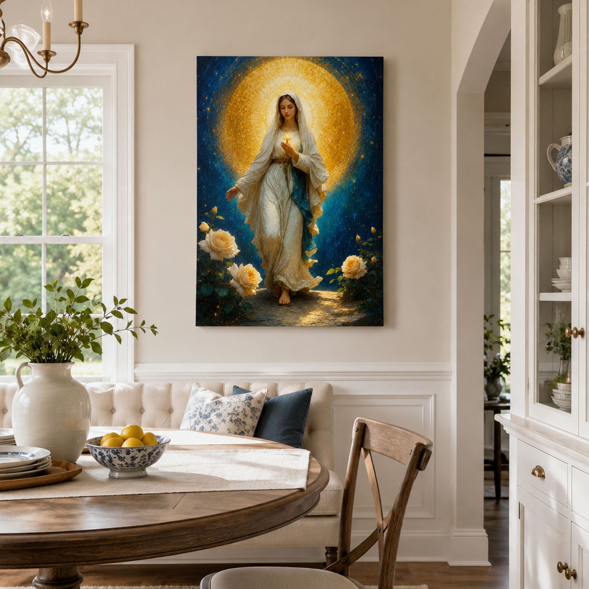 Blessed Virgin Mary Canvas Print, Blue and Gold Catholic Wall Art, Marian Faith Home Decor Gift