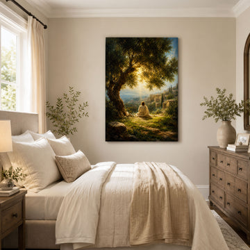 Jesus Under the Olive Tree Canvas Print, Peaceful Christian Wall Art, Golden Light Faith Home Decor Gift