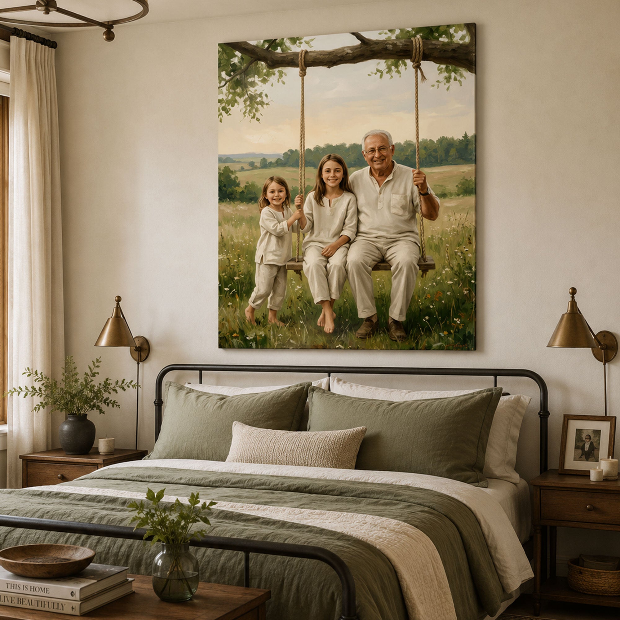 Personalized Memory Swing Grandpa And Grandchildren Canvas Print, Custom Family Portrait Wall Art, Father’s Day Gift For Grandpa