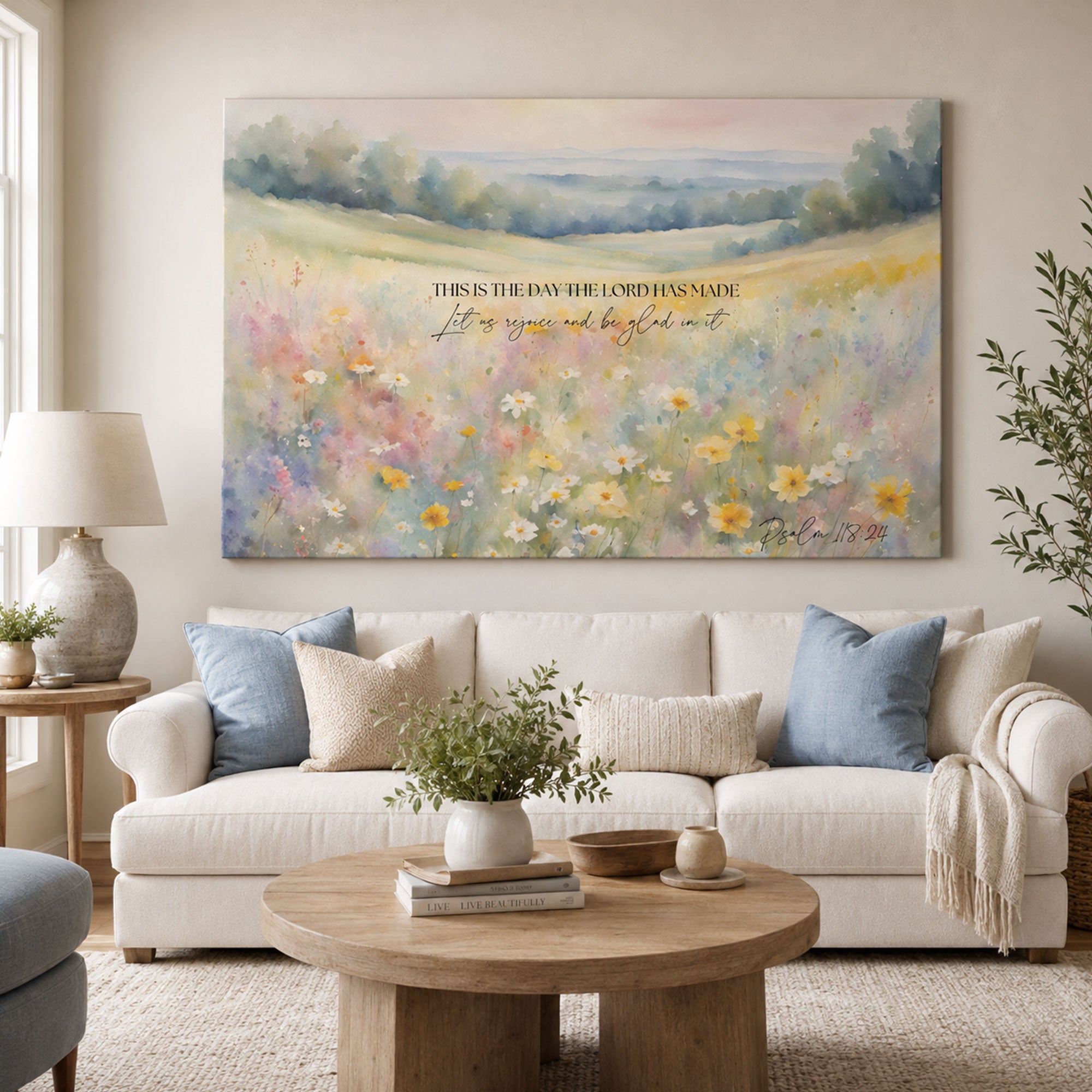 Psalm 118:24 This Is the Day the Lord Has Made Canvas Print, Countryside Floral Christian Wall Art, New Home Gift Decor