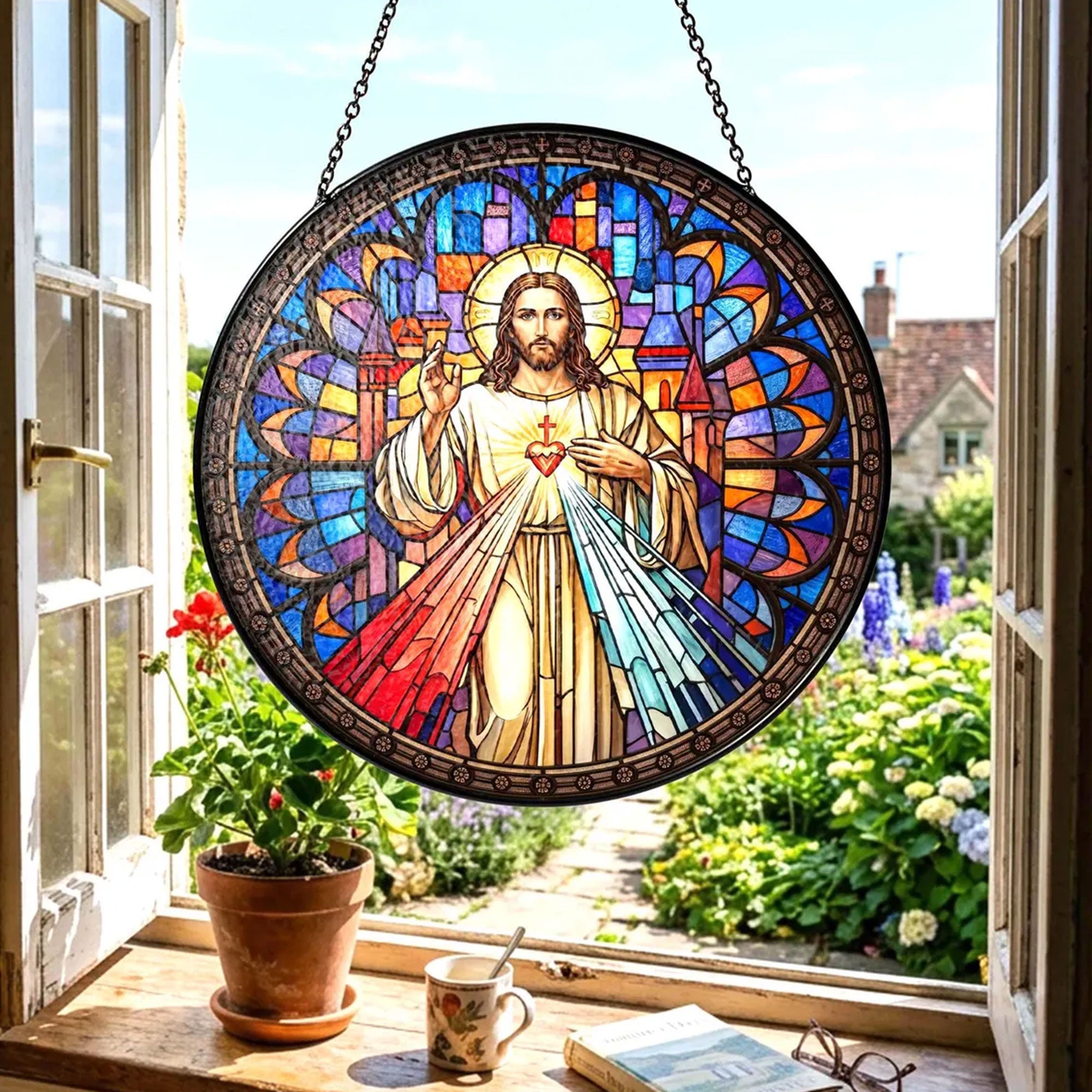 Divine Mercy Jesus Stained Glass Suncatcher, Catholic Window Hanging Decor, Sacred Heart Christian Faith Gift