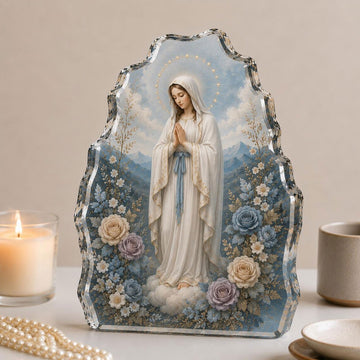 Virgin Mary Floral Acrylic Desk Plaque, Blessed Mother Catholic Decor, Christian Gift for Women