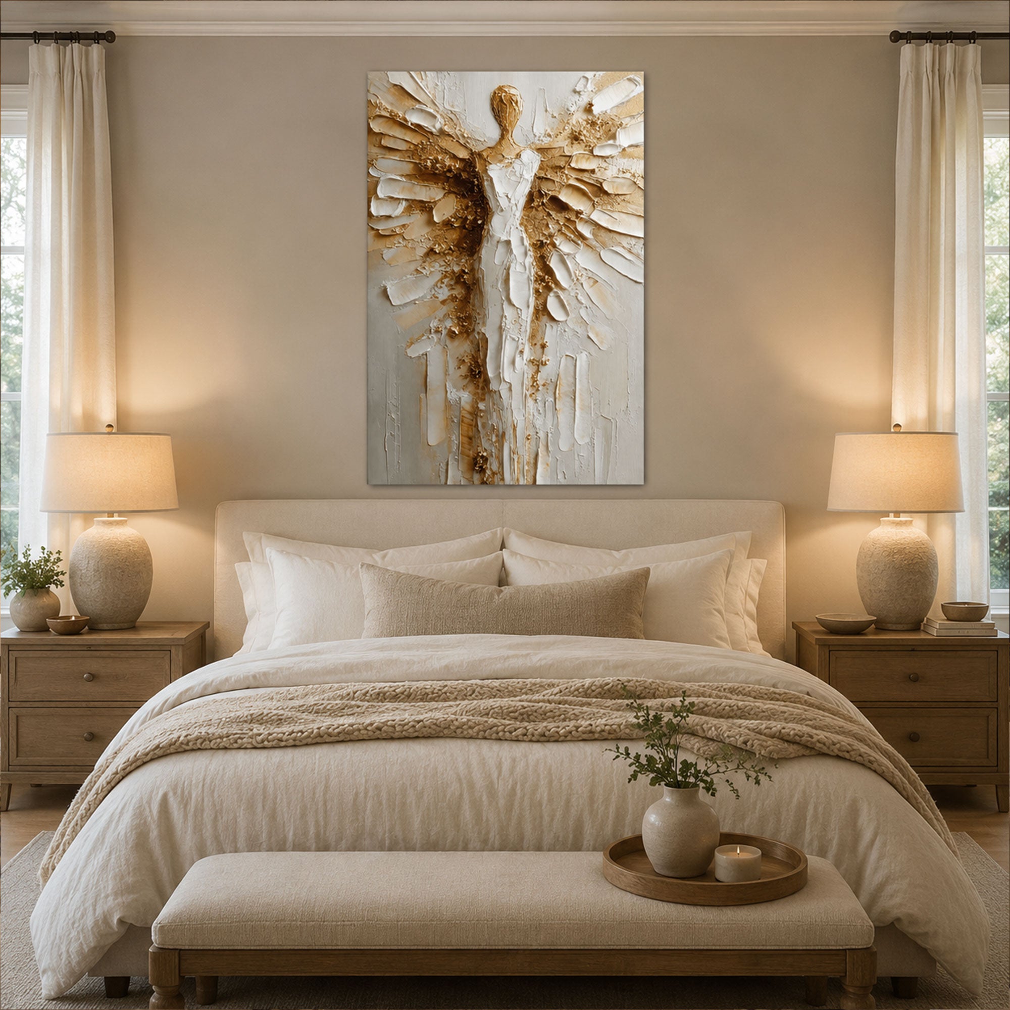 White Gold Guardian Angel Canvas Print, Christian Angel Wall Art, Faith Home Decor Gift