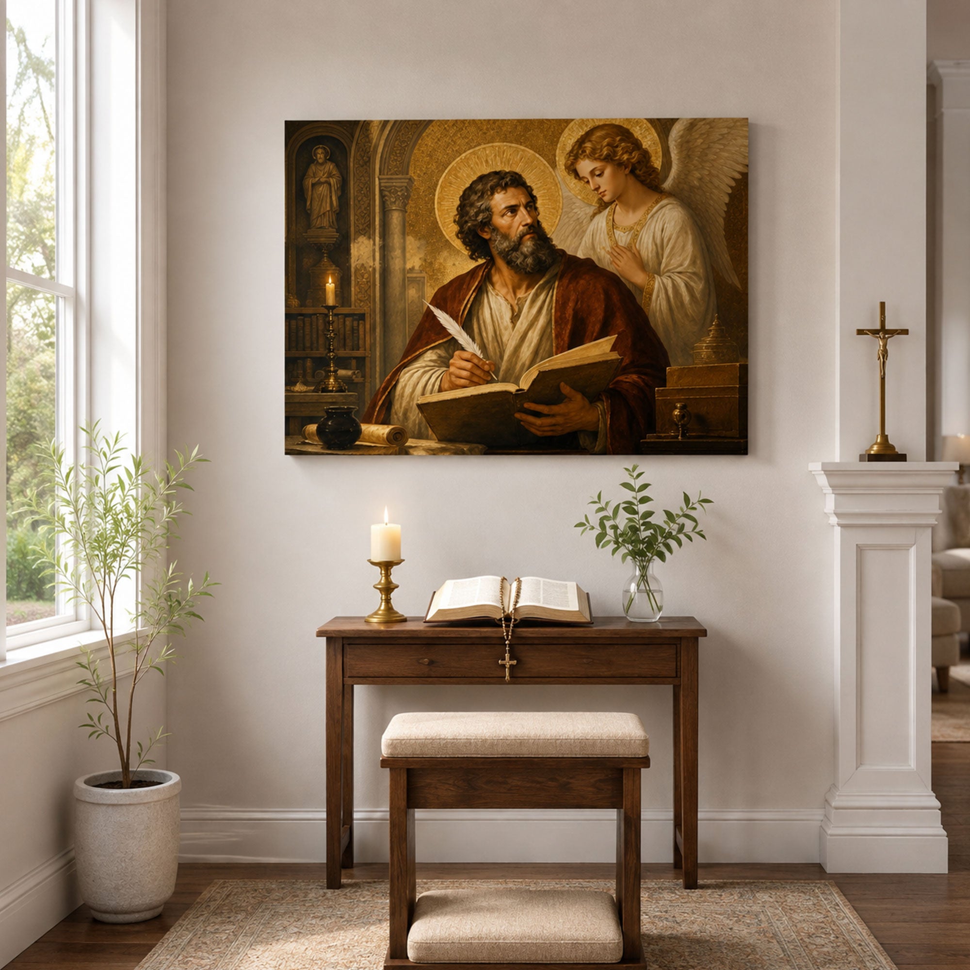 Saint Matthew the Evangelist Canvas Print, Angel Inspired Gospel Writer, Catholic Wall Decor