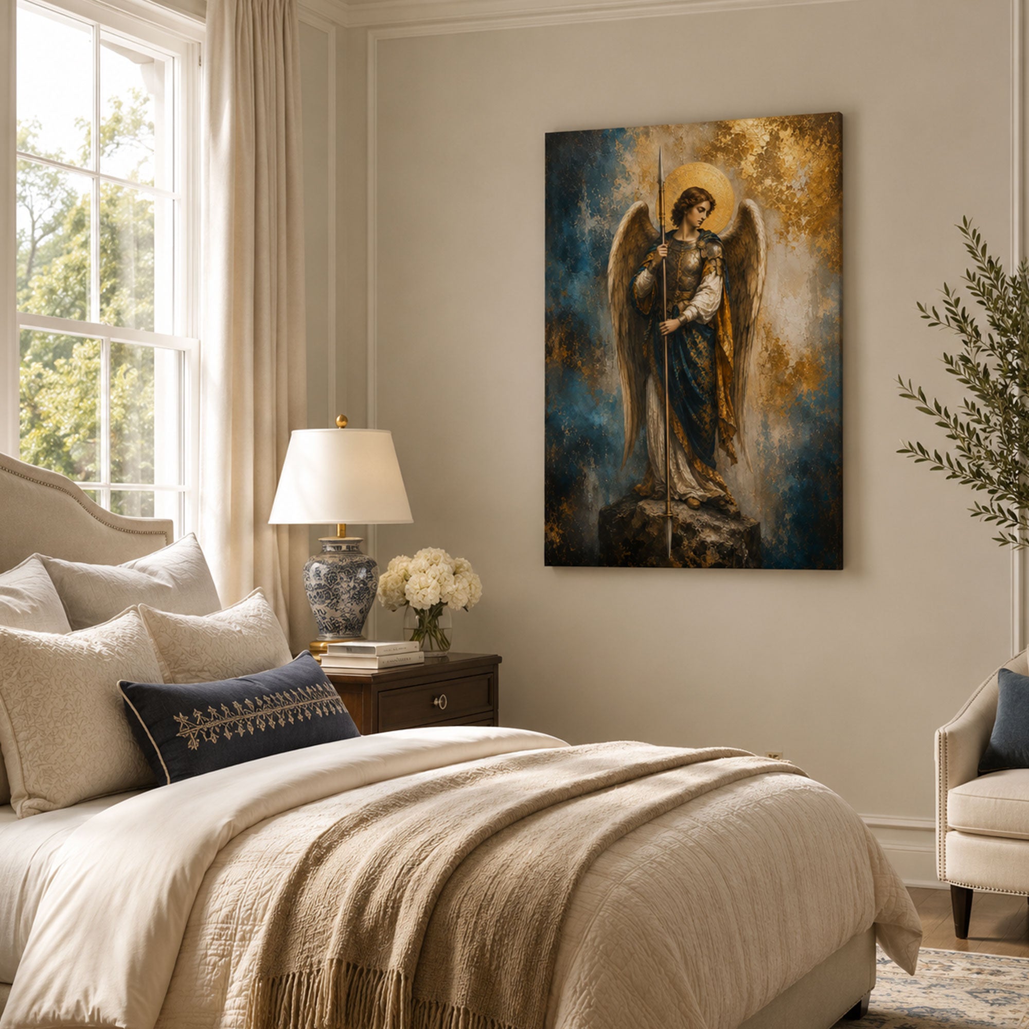 Saint Raphael Archangel Canvas Print, Catholic Healing Angel Wall Art, Blue and Gold Faith Home Decor Gift
