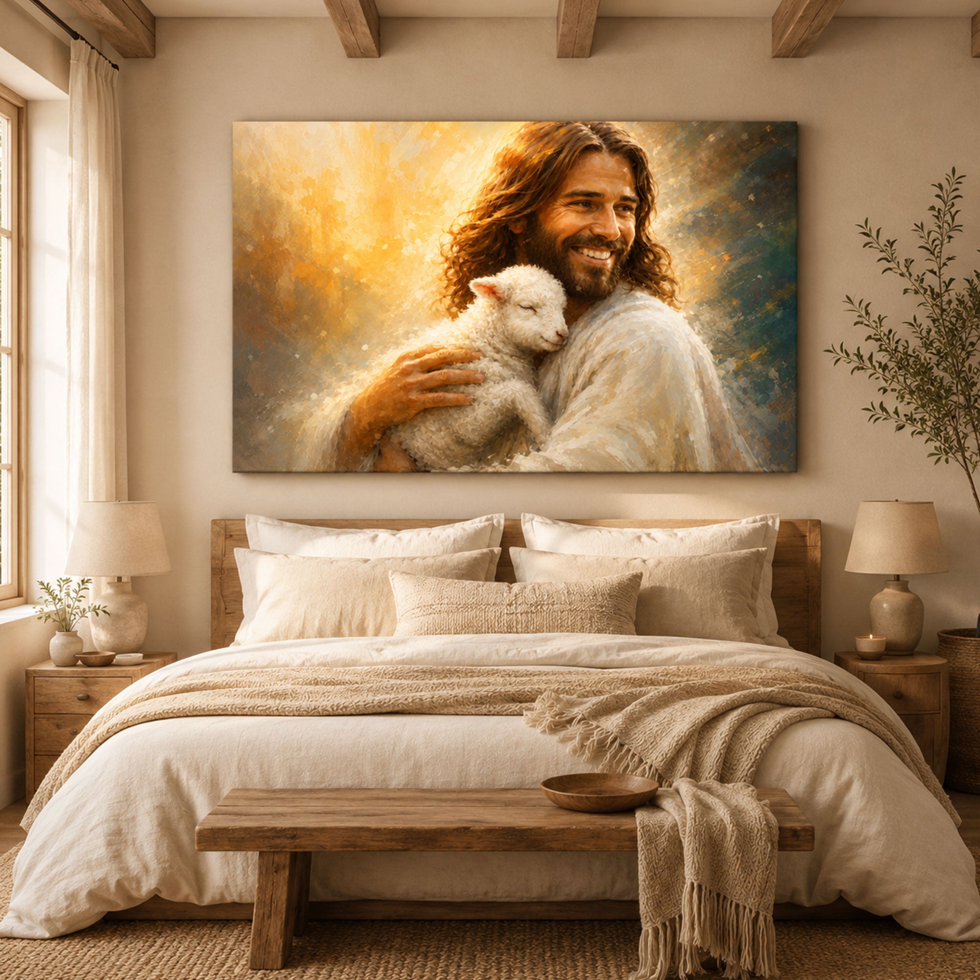 Smiling Jesus with Lamb Canvas Print, Good Shepherd Christian Wall Art, Peaceful Faith Home Decor