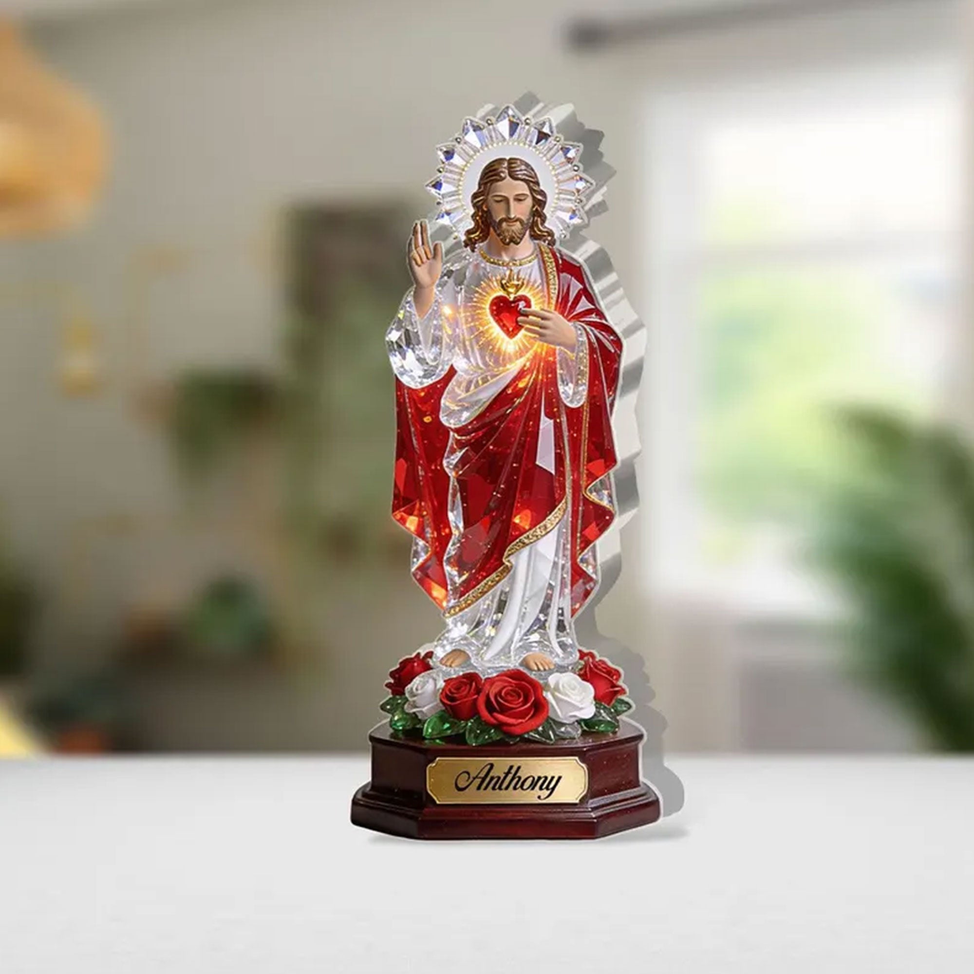Sacred Heart of Jesus Custom Name Acrylic Plaque, Christian Gift, Single-Sided 2D Flat Religious Table Decor