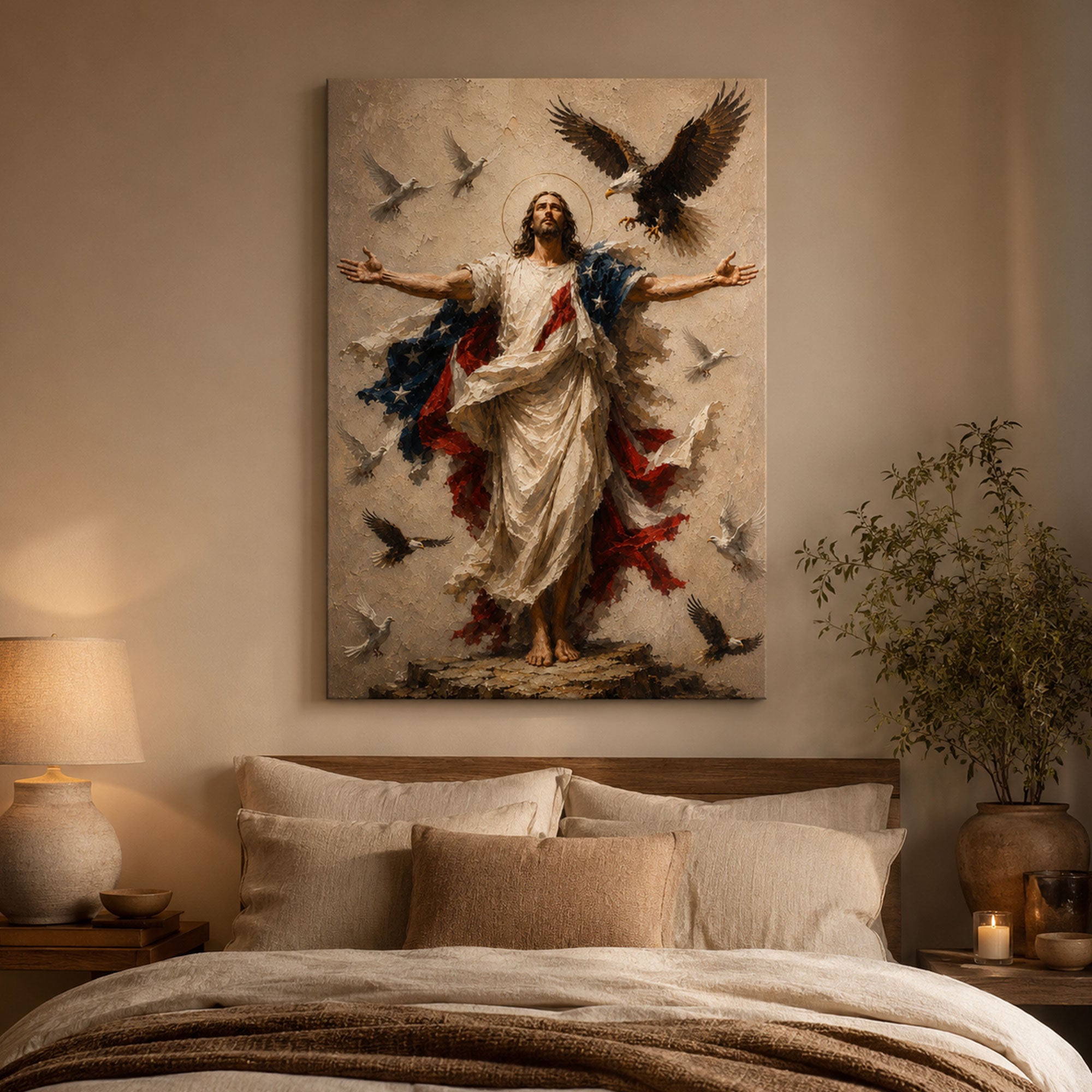Patriotic Jesus Canvas Print, American Flag Christian Wall Art, Faith Freedom Home Decor