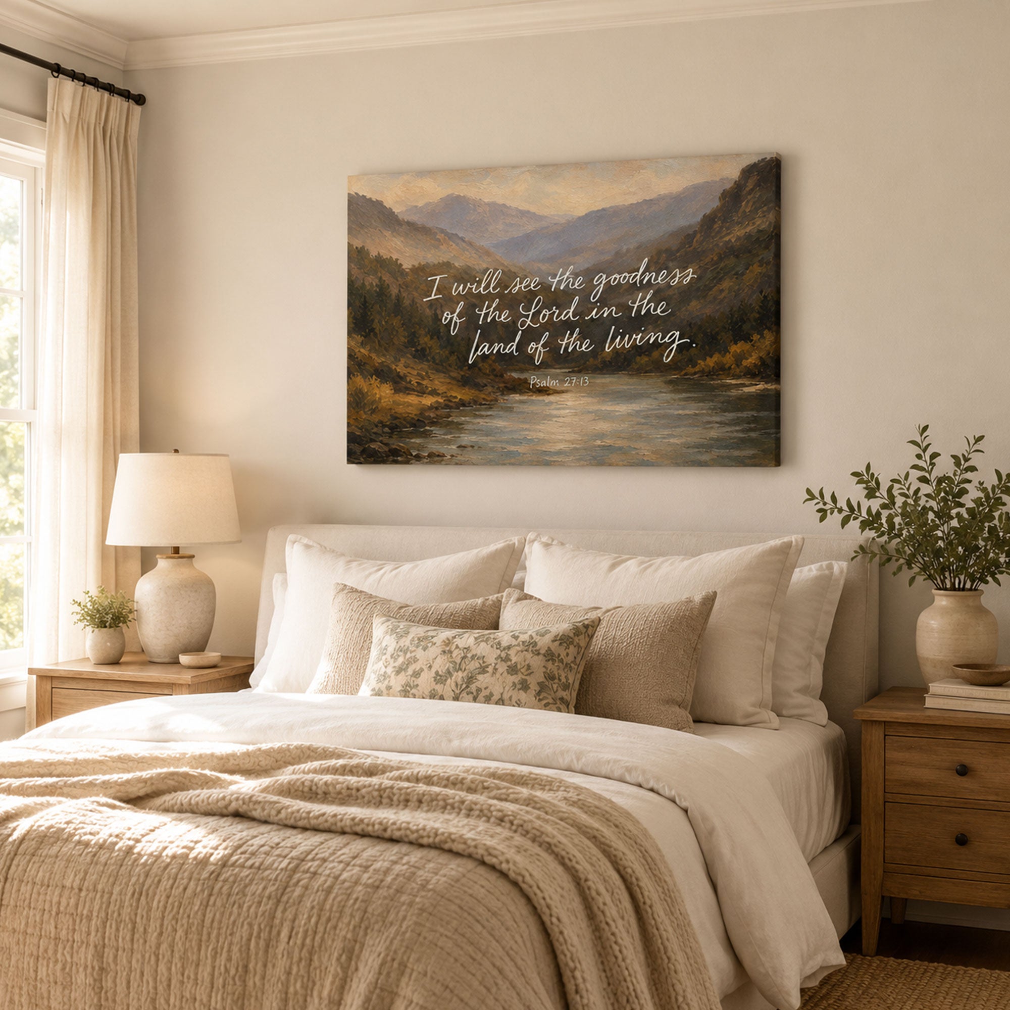 Psalm 27:13 Canvas Print, Mountain River Scripture Wall Art, Christian Faith Home Decor Gift