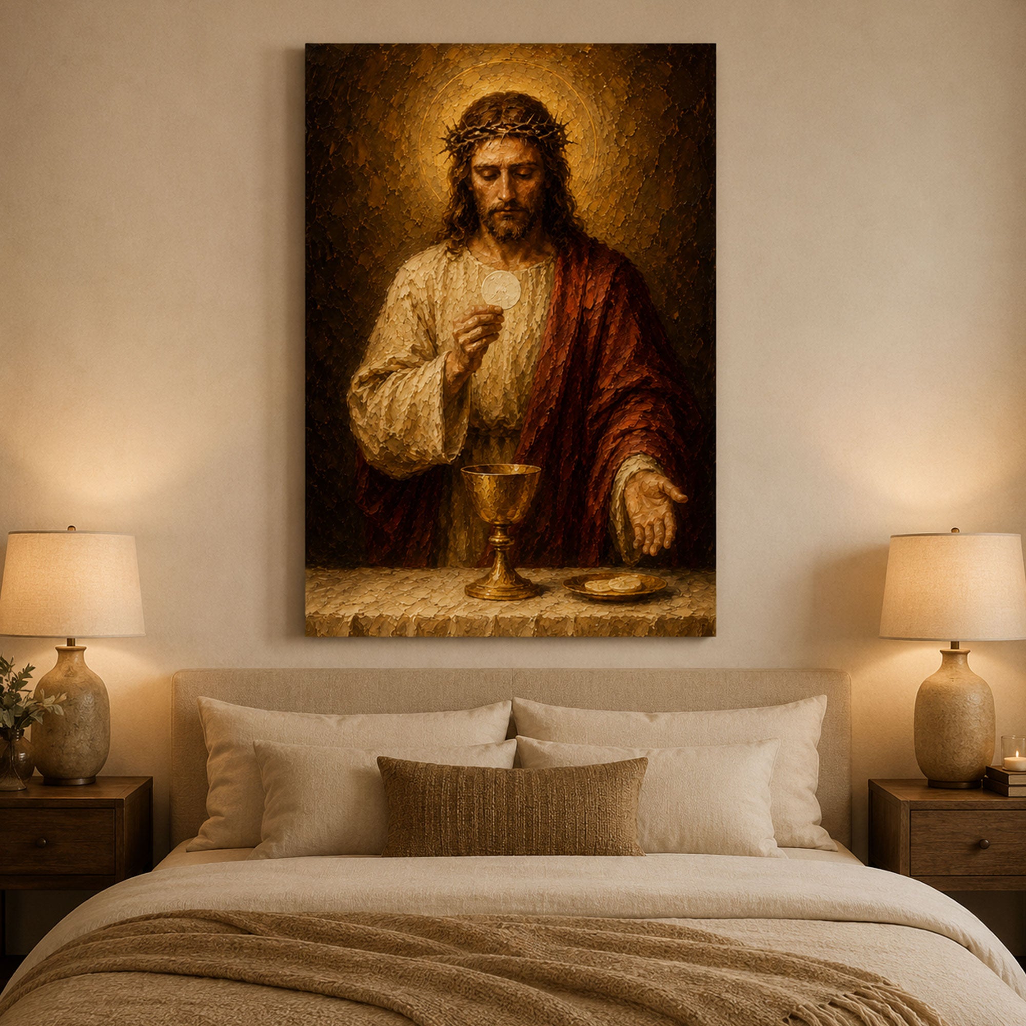 Jesus Holding the Holy Eucharist Canvas Print, Catholic Eucharistic Wall Art, Christ with Sacred Host and Chalice, Religious Christian Home Decor