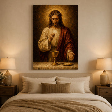 Jesus Holding the Holy Eucharist Canvas Print, Catholic Eucharistic Wall Art, Christ with Sacred Host and Chalice, Religious Christian Home Decor