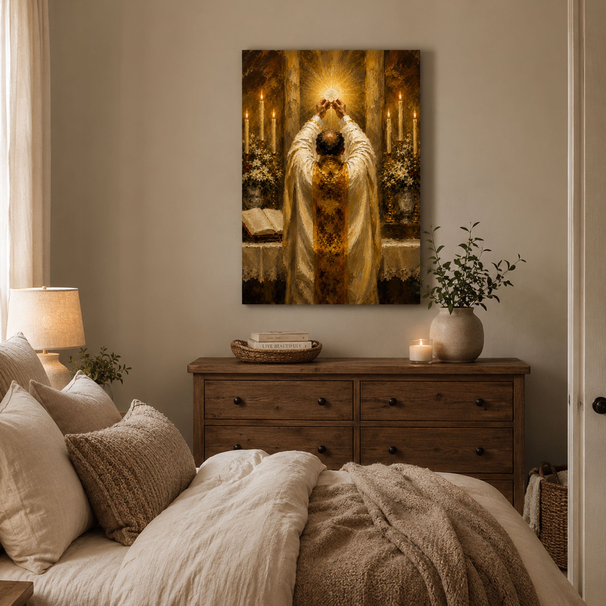 Holy Eucharist Canvas Print, Catholic Mass Wall Art, Priest Elevating the Host Faith Home Decor Gift