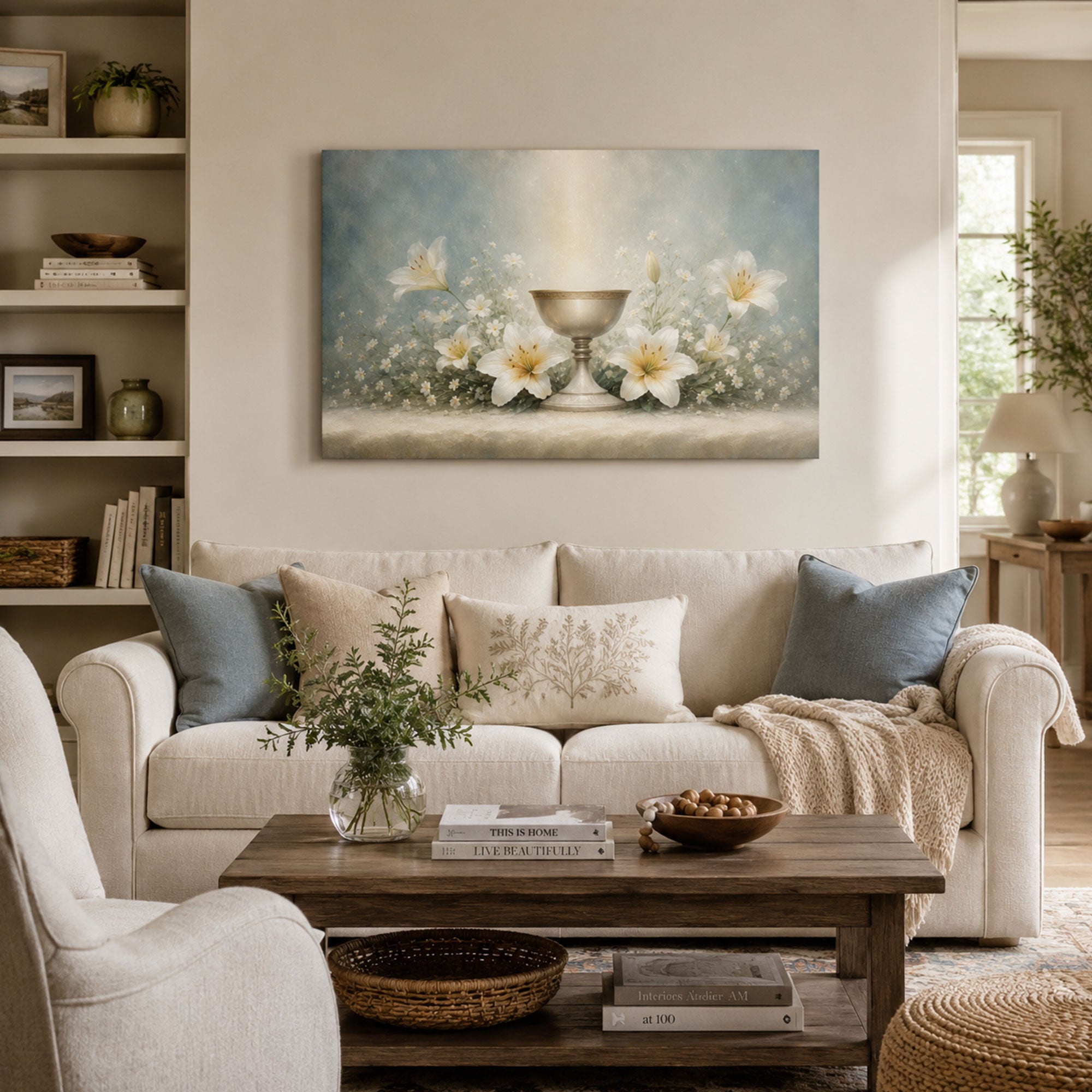 Holy Communion Chalice Canvas Print, White Lily Catholic Wall Art, Soft Blue Faith Home Decor Gift