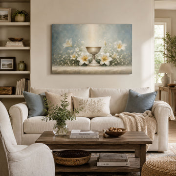 Holy Communion Chalice Canvas Print, White Lily Catholic Wall Art, Soft Blue Faith Home Decor Gift