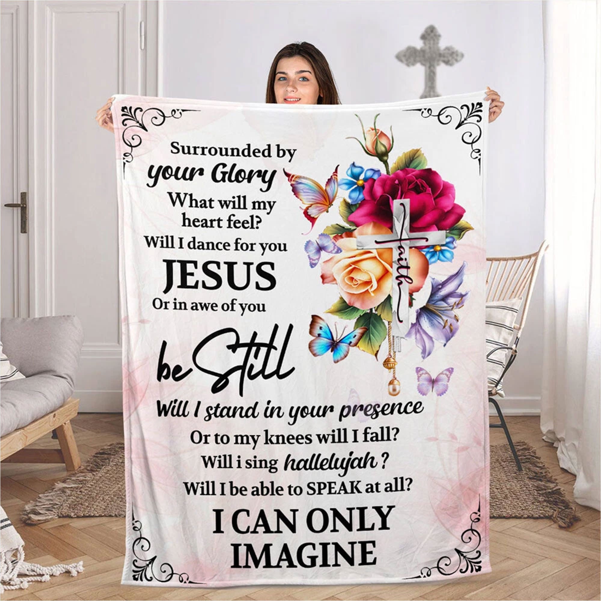 Will I Dance For You Jesus Fleece Blanket, Floral Cross Blanket, Christian Faith Throw, Inspirational Religious Gift, Home Decor