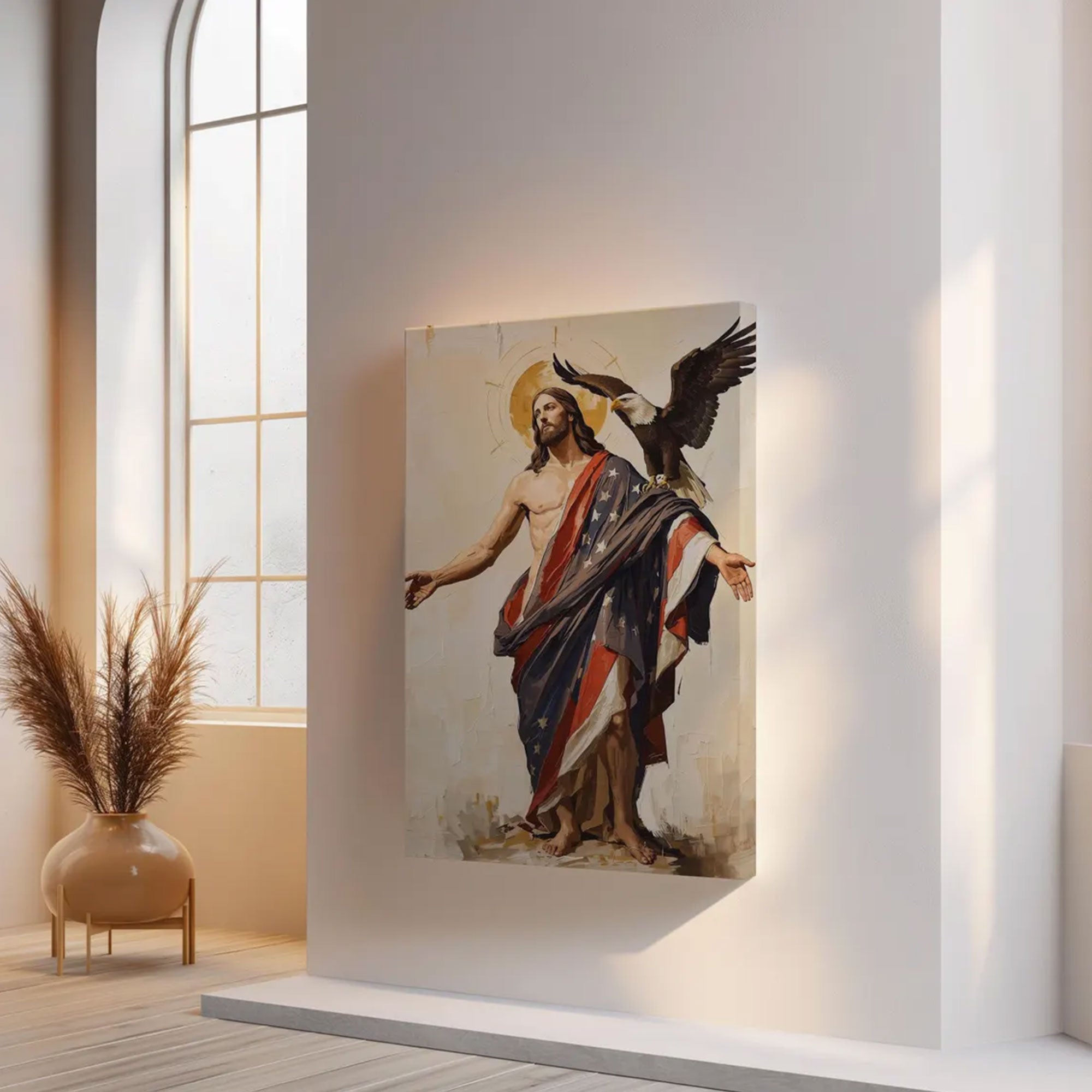 250th Anniversary Wall Art: Jesus Eagle American Flag Canvas Christian Decor USA 250 Patriotic Faith Poster 1776 2026