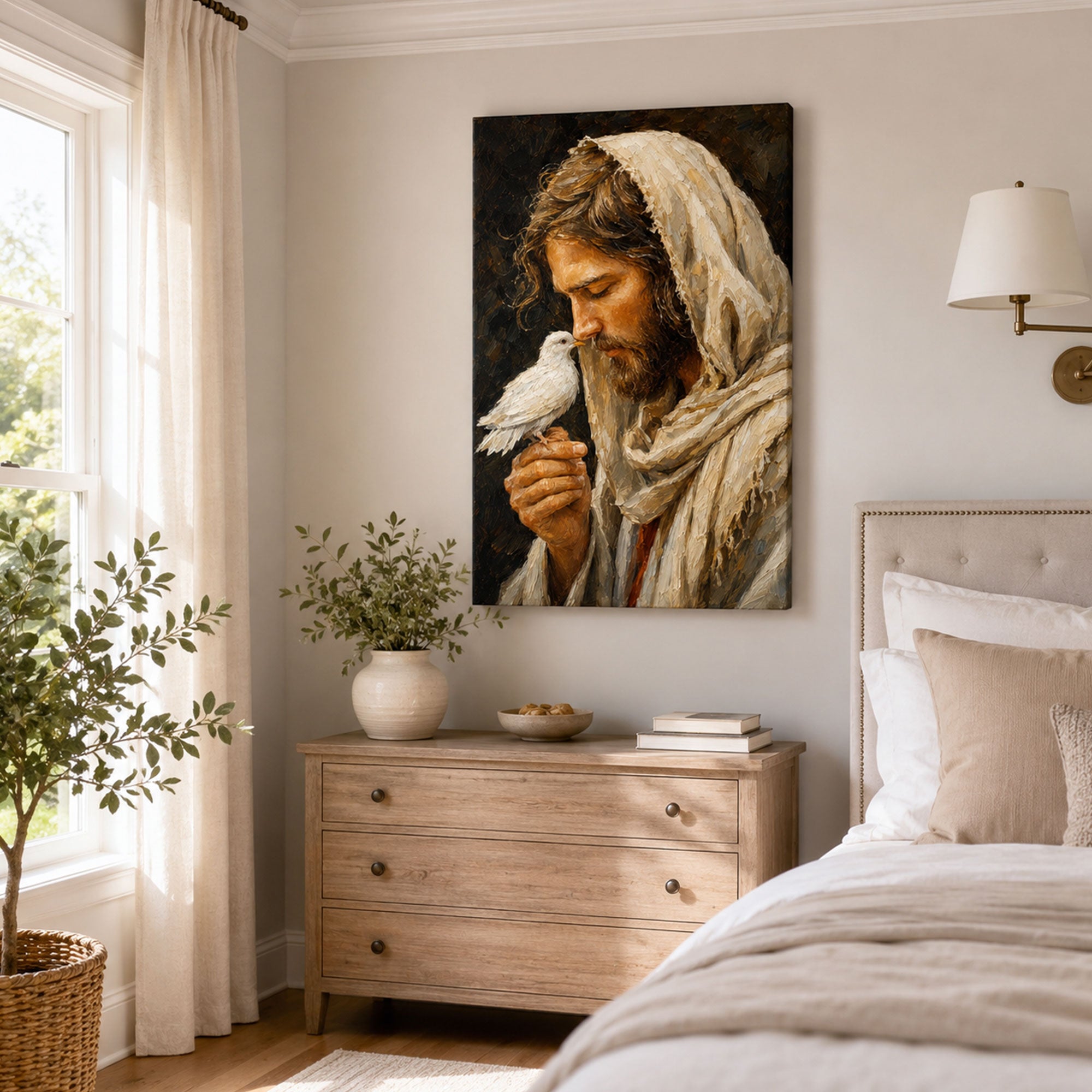 Jesus with Holy Spirit Dove Canvas Print, Christian Wall Decor, Peace and Faith Gift