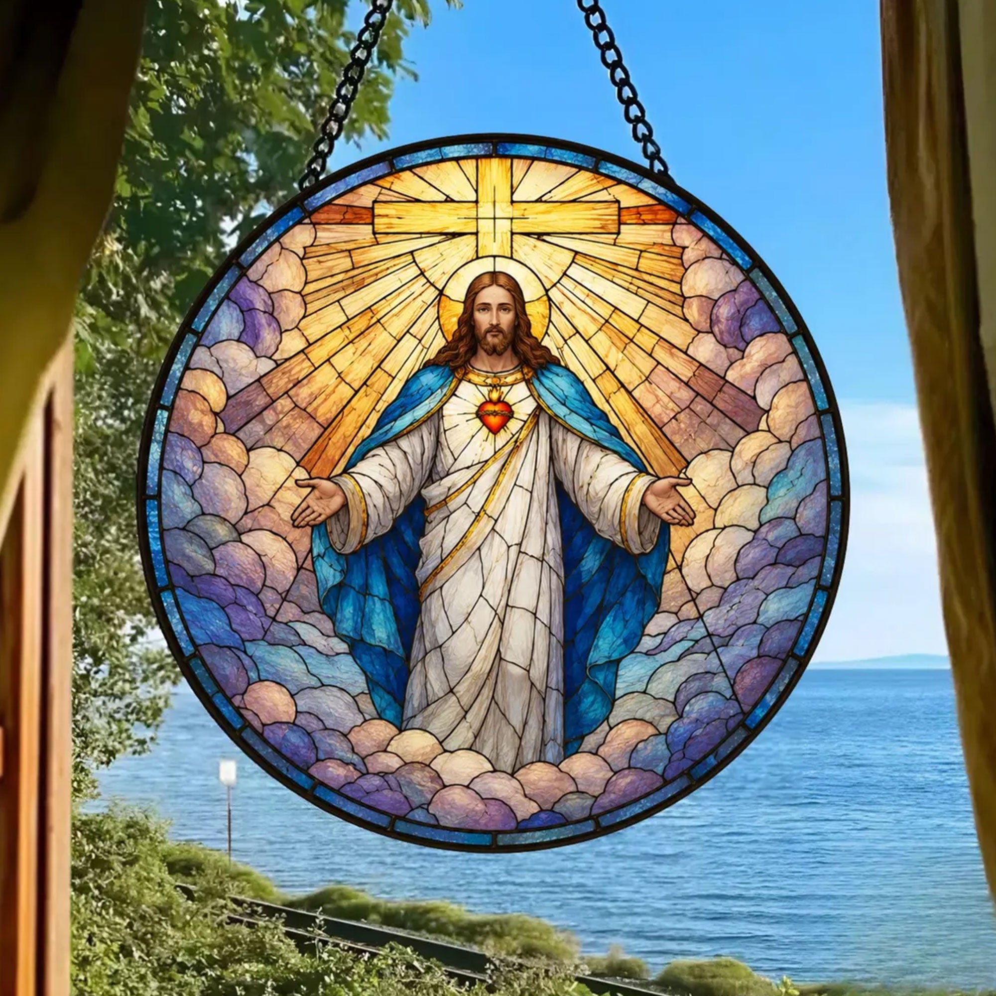 Sacred Heart of Jesus Stained Glass Suncatcher, Christian Window Hanging, Catholic Faith Decor