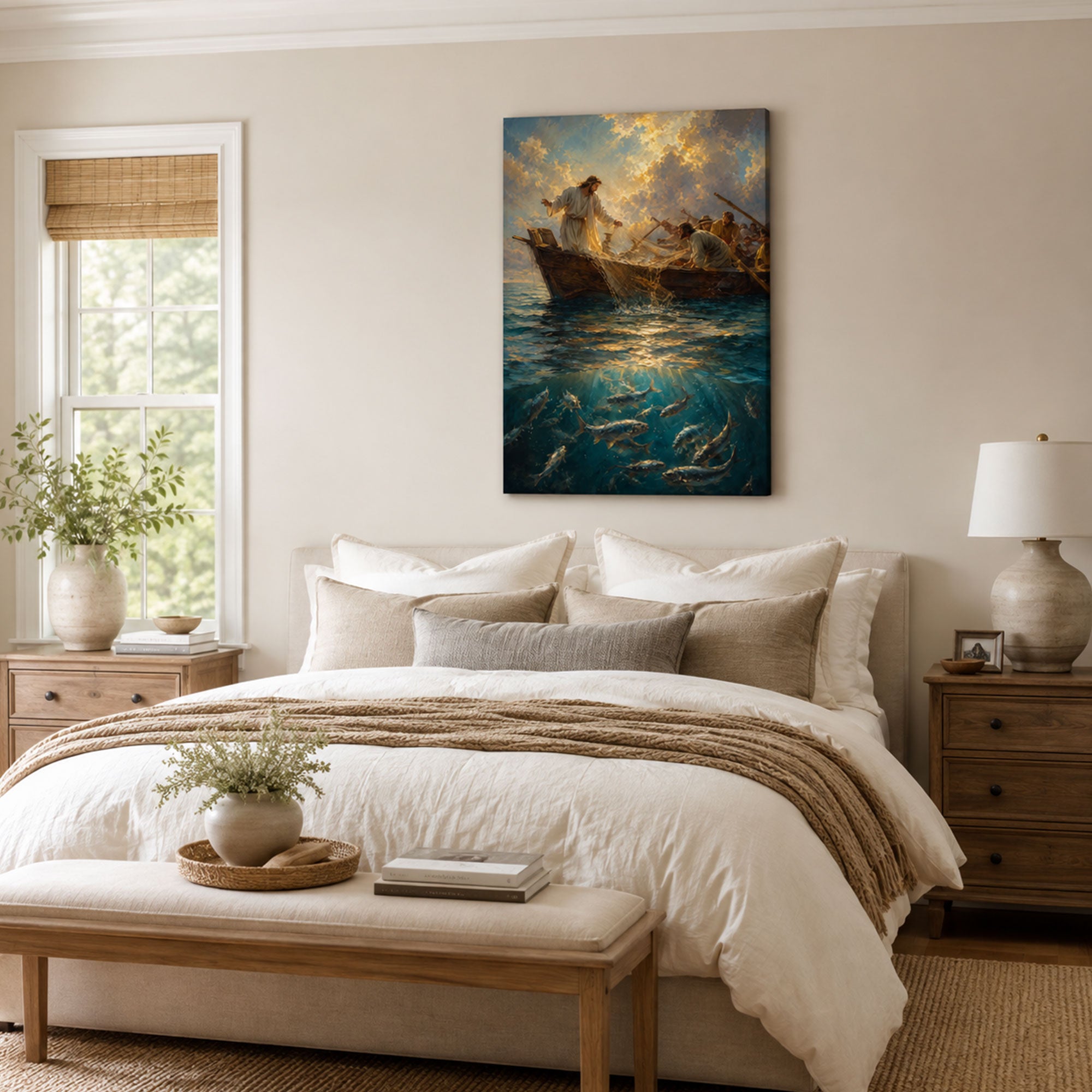 Miraculous Catch of Fish Canvas Print, Jesus and Fishermen Luke 5 Christian Wall Decor, Faith Gift