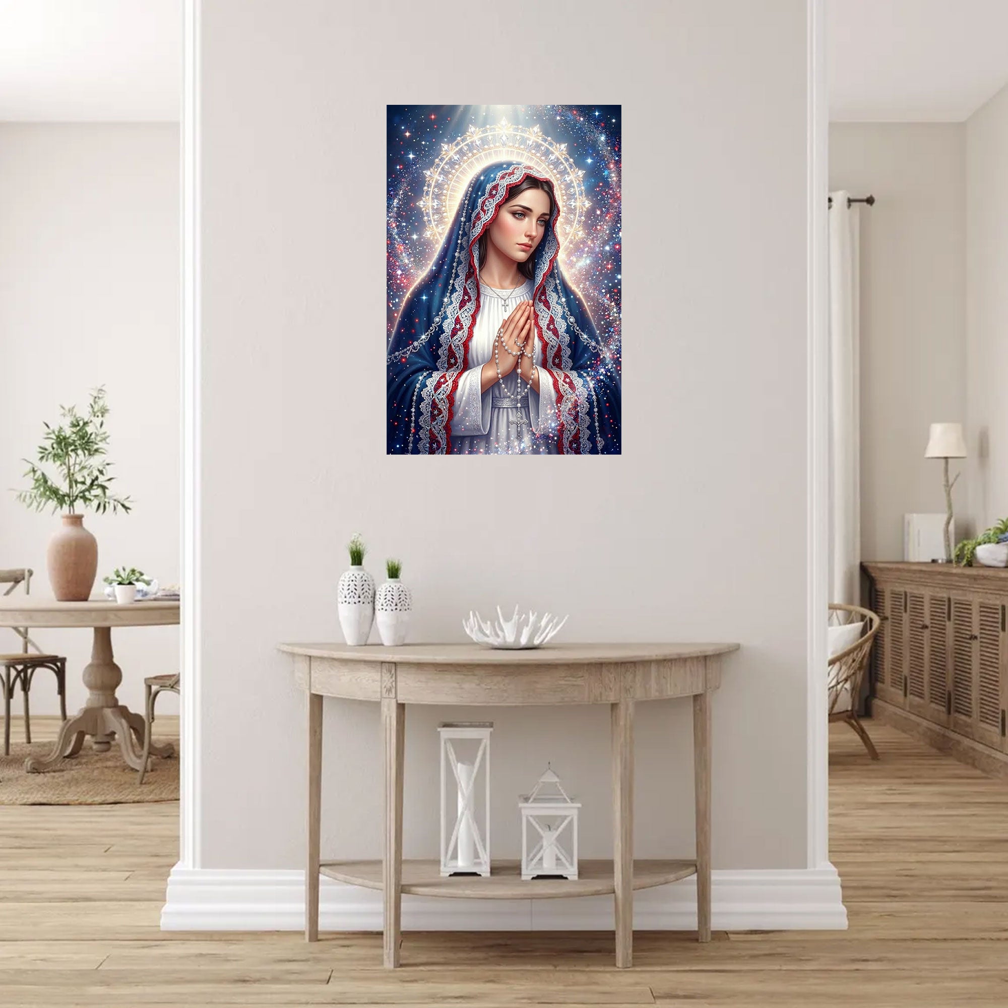 Praying Virgin Mary Canvas Print, Rosary Madonna Wall Art, Starry Sky Catholic Decor, Red White Blue Faith Artwork