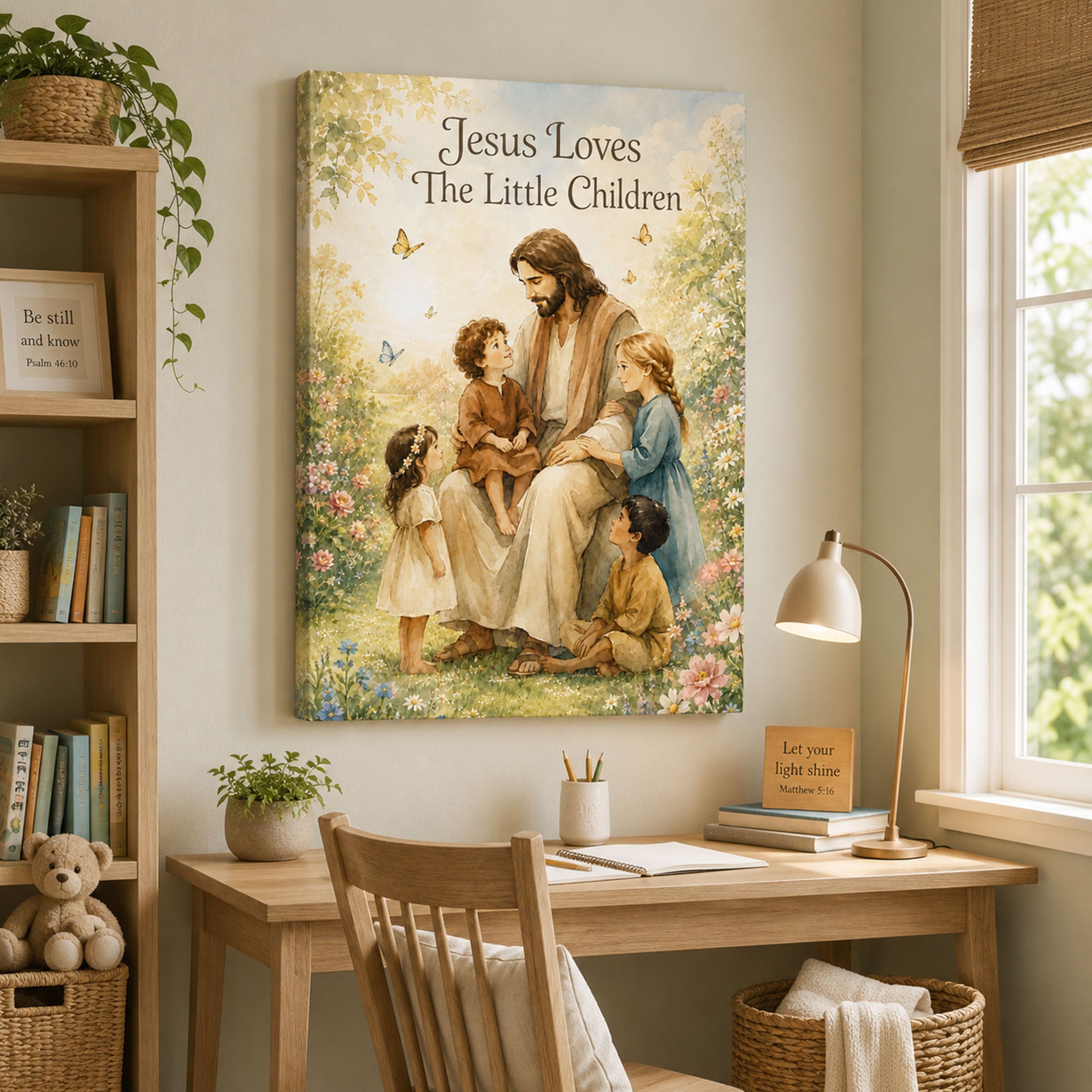 Jesus Loves The Little Children Canvas Print Christian Nursery Wall Art Watercolor Jesus with Kids Faith Decor