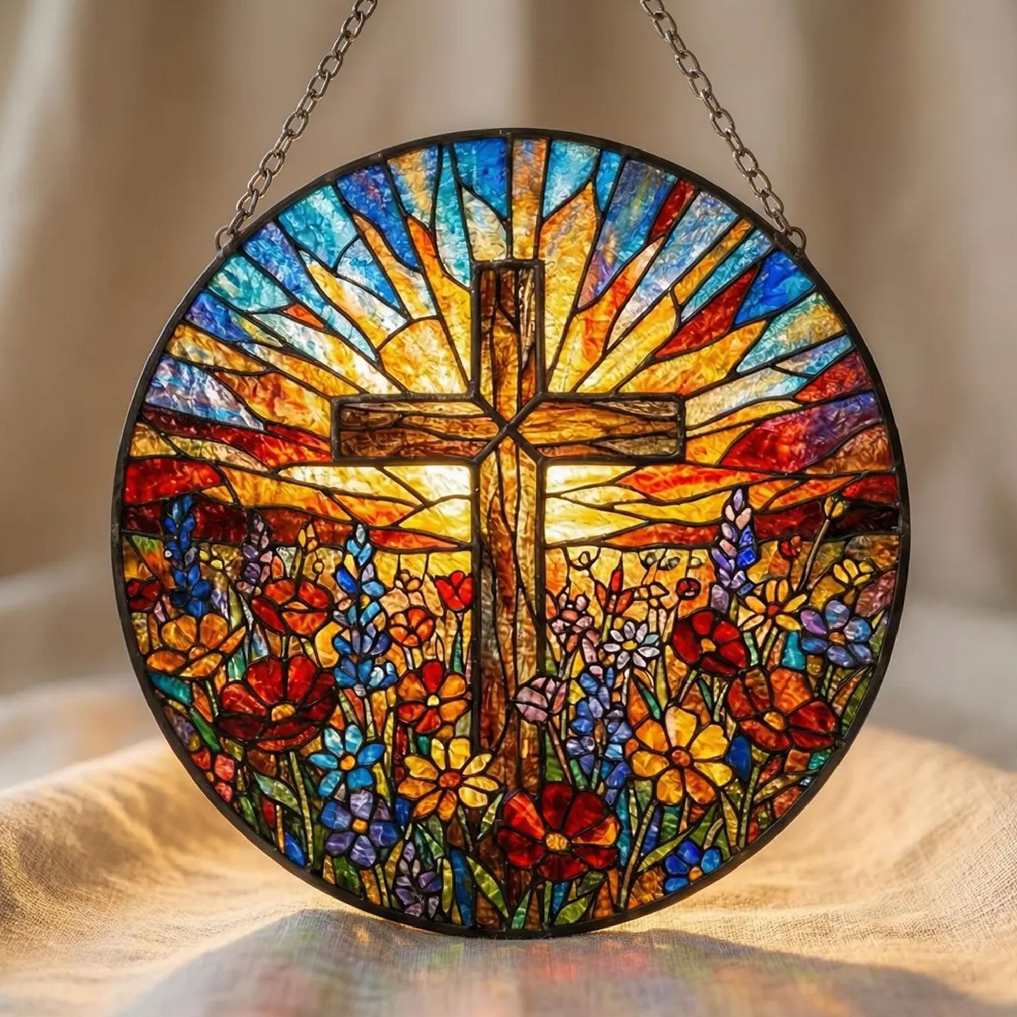 Stained Glass Cross Suncatcher, Christian Window Hanging Decor, Faith Gift, Religious Home Ornament